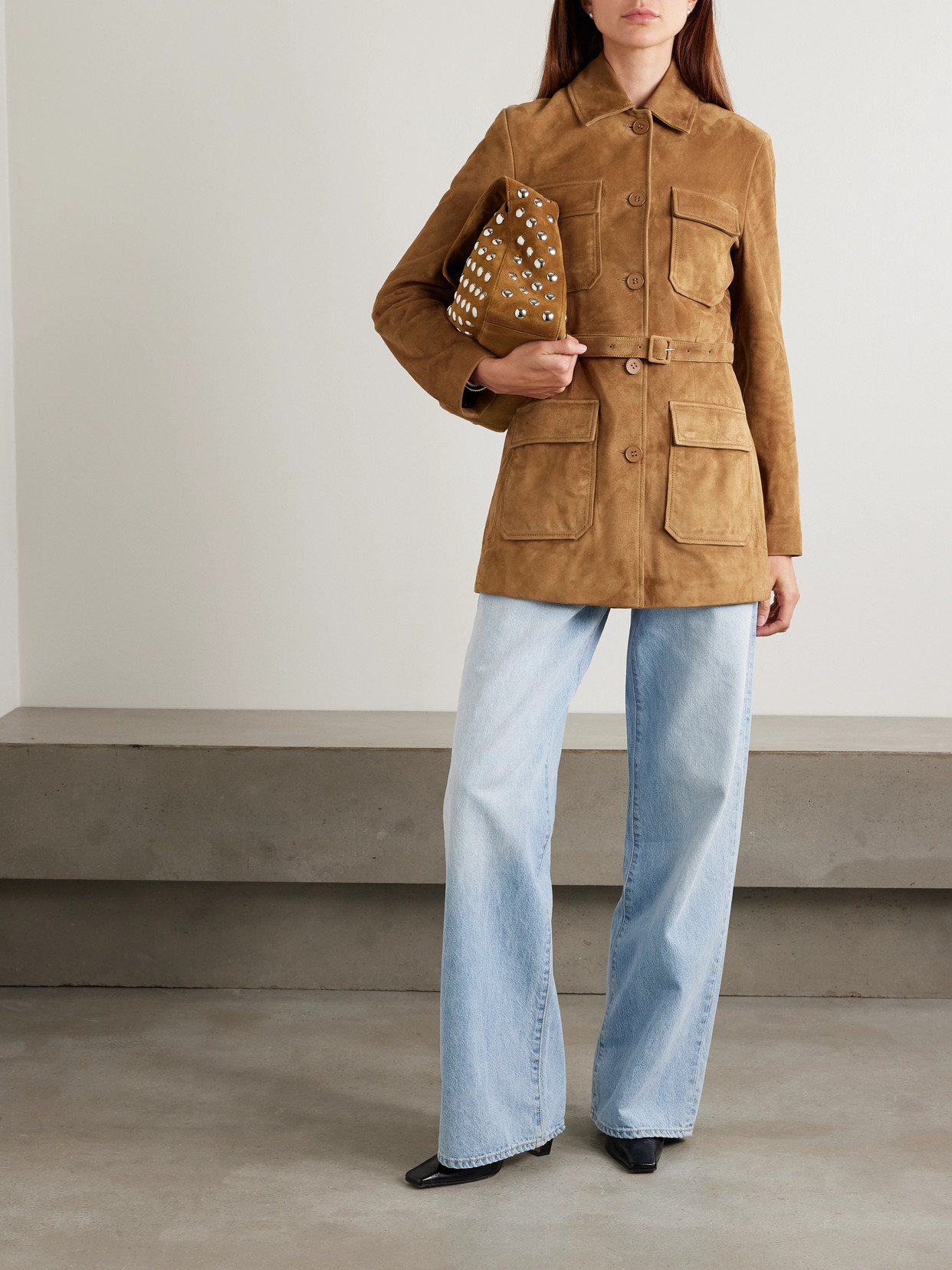 Nour Hammour Romana Belted Paneled Suede Jacket In Brown