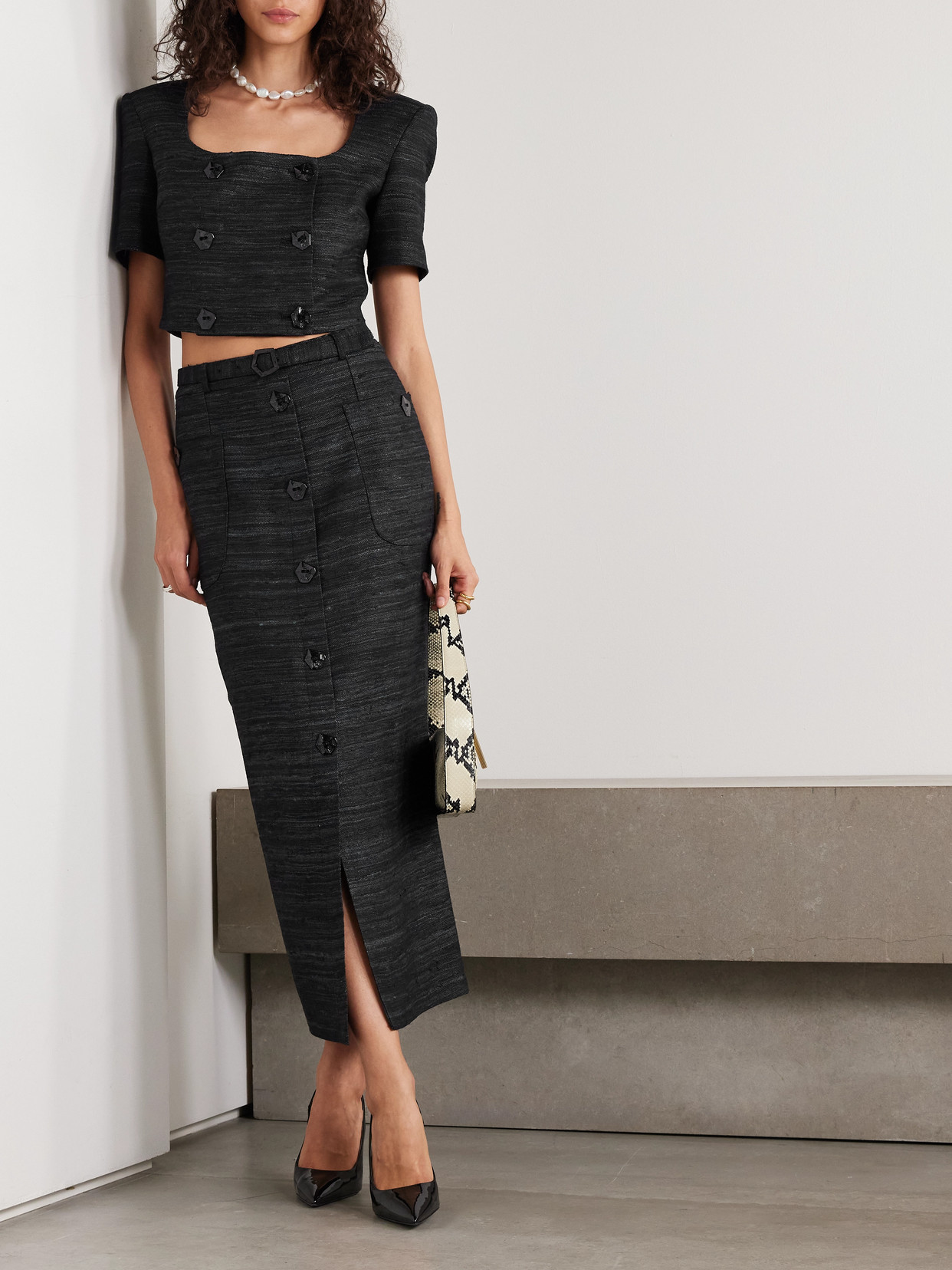 Violante Nessi Corot Silk-tweed Midi Skirt In Black