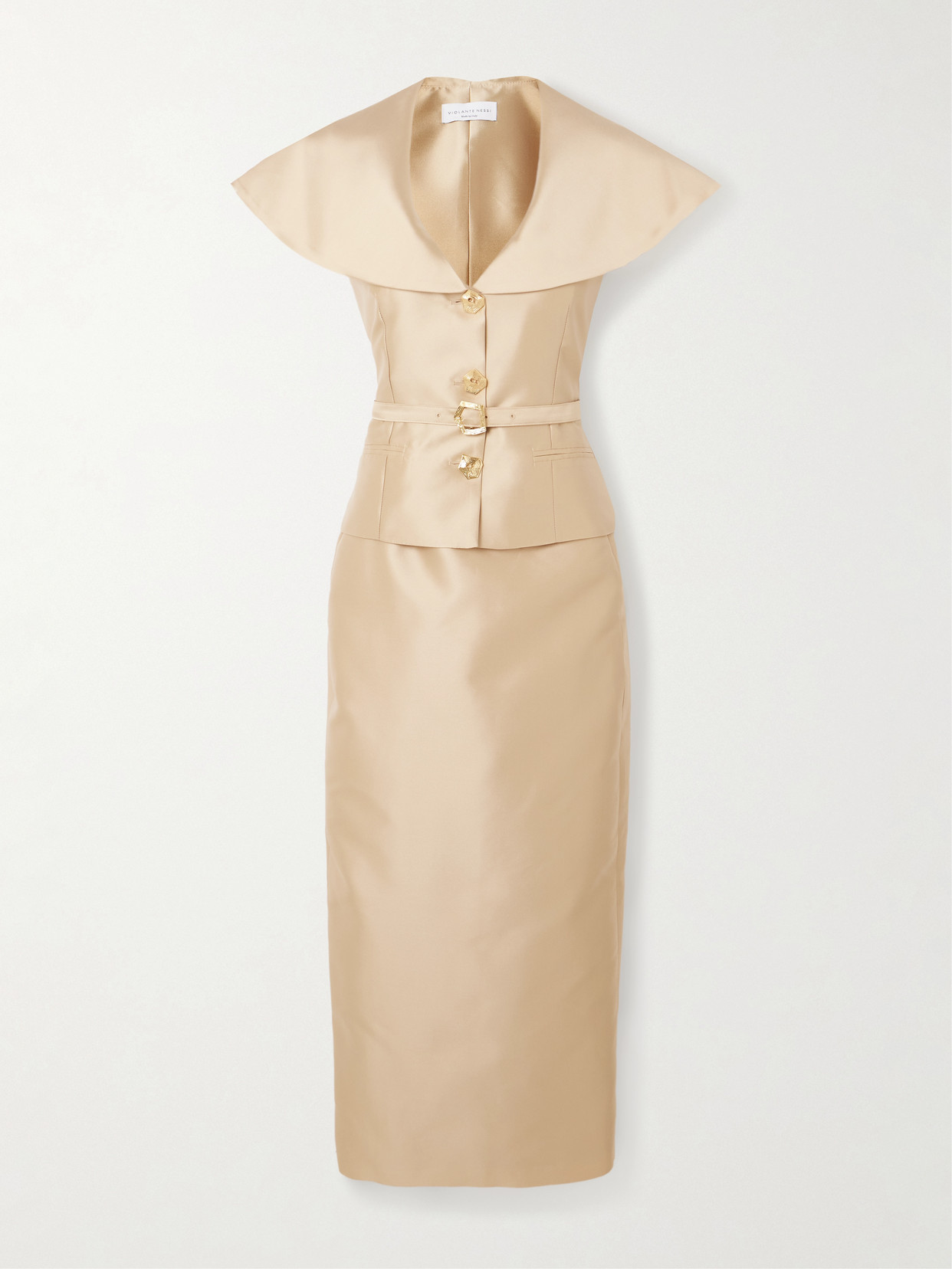 Violante Nessi Manuela Belted Cape-effect Silk-blend Mikado Gown In Neutral