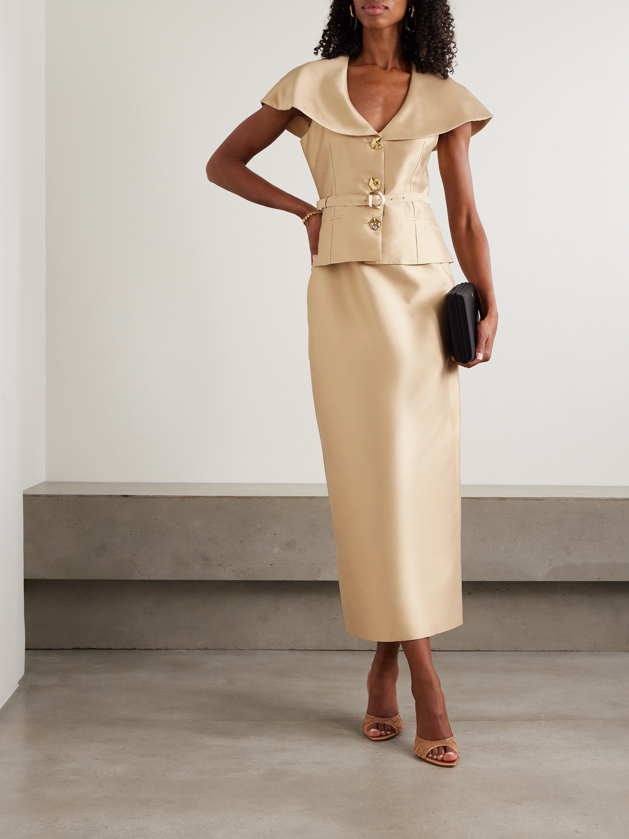 Violante Nessi Manuela Belted Cape-effect Silk-blend Mikado Gown In Neutral
