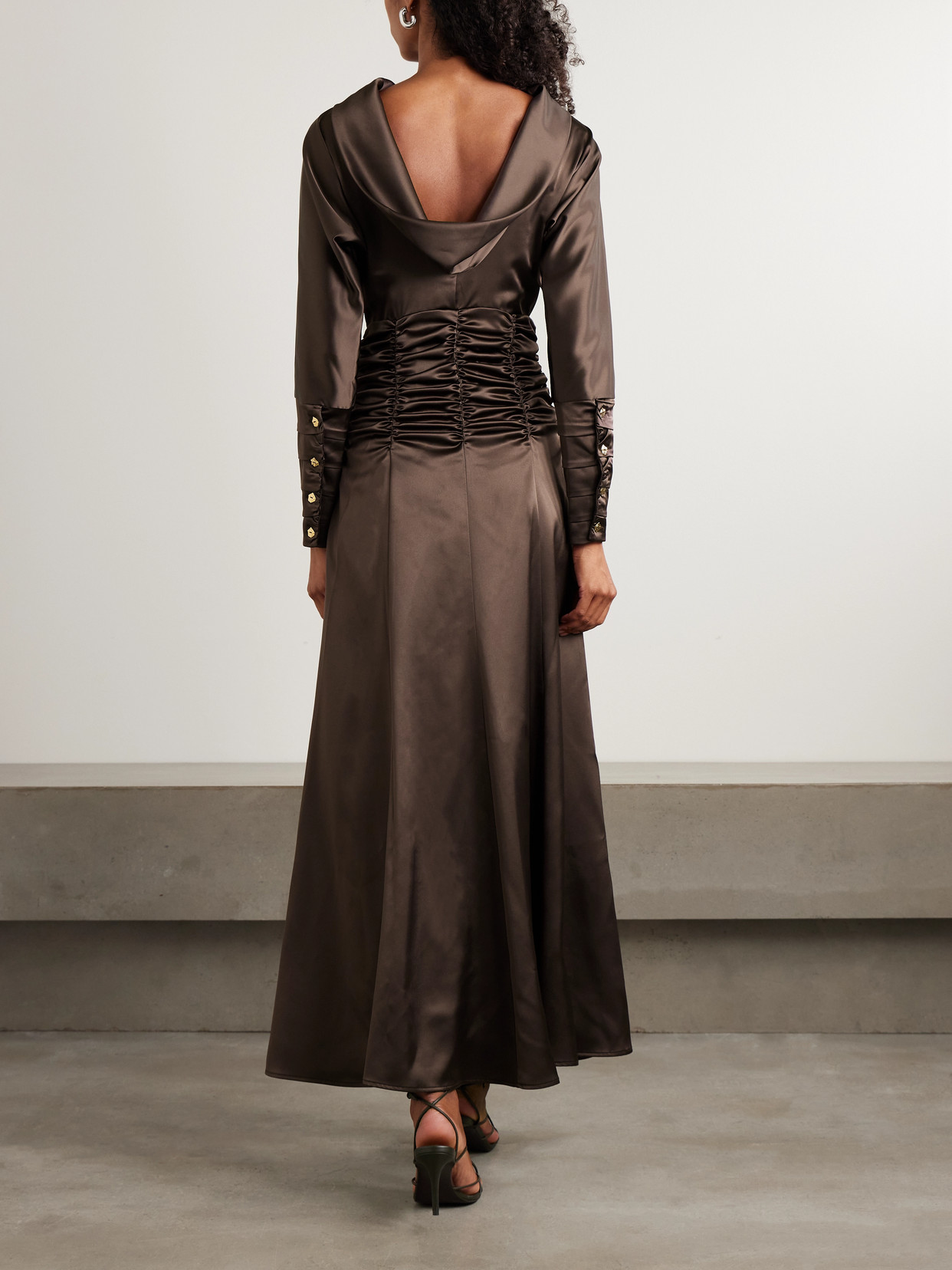 Violante Nessi Edgar Button-embellished Ruched Satin Gown In Brown