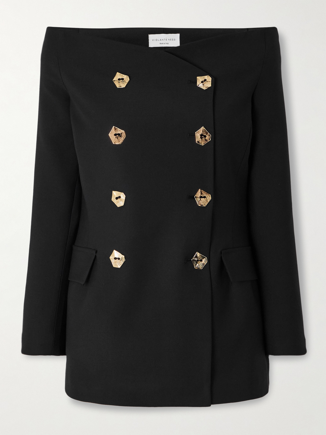 Violante Nessi Vivanti Double-breasted Off-the-shoulder Wool-cady Blouse In Black
