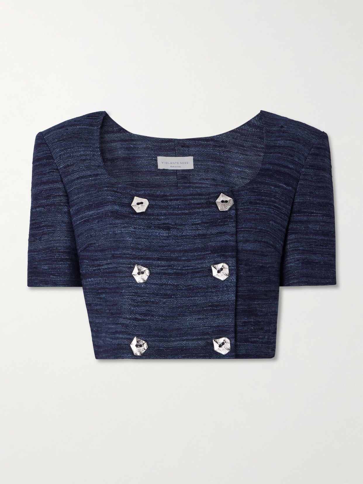Violante Nessi Vittoria Cropped Silk-tweed Top In Blue