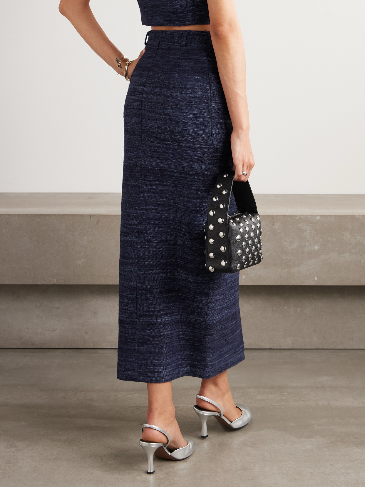 Violante Nessi Corot Belted Silk-tweed Midi Skirt In Blue