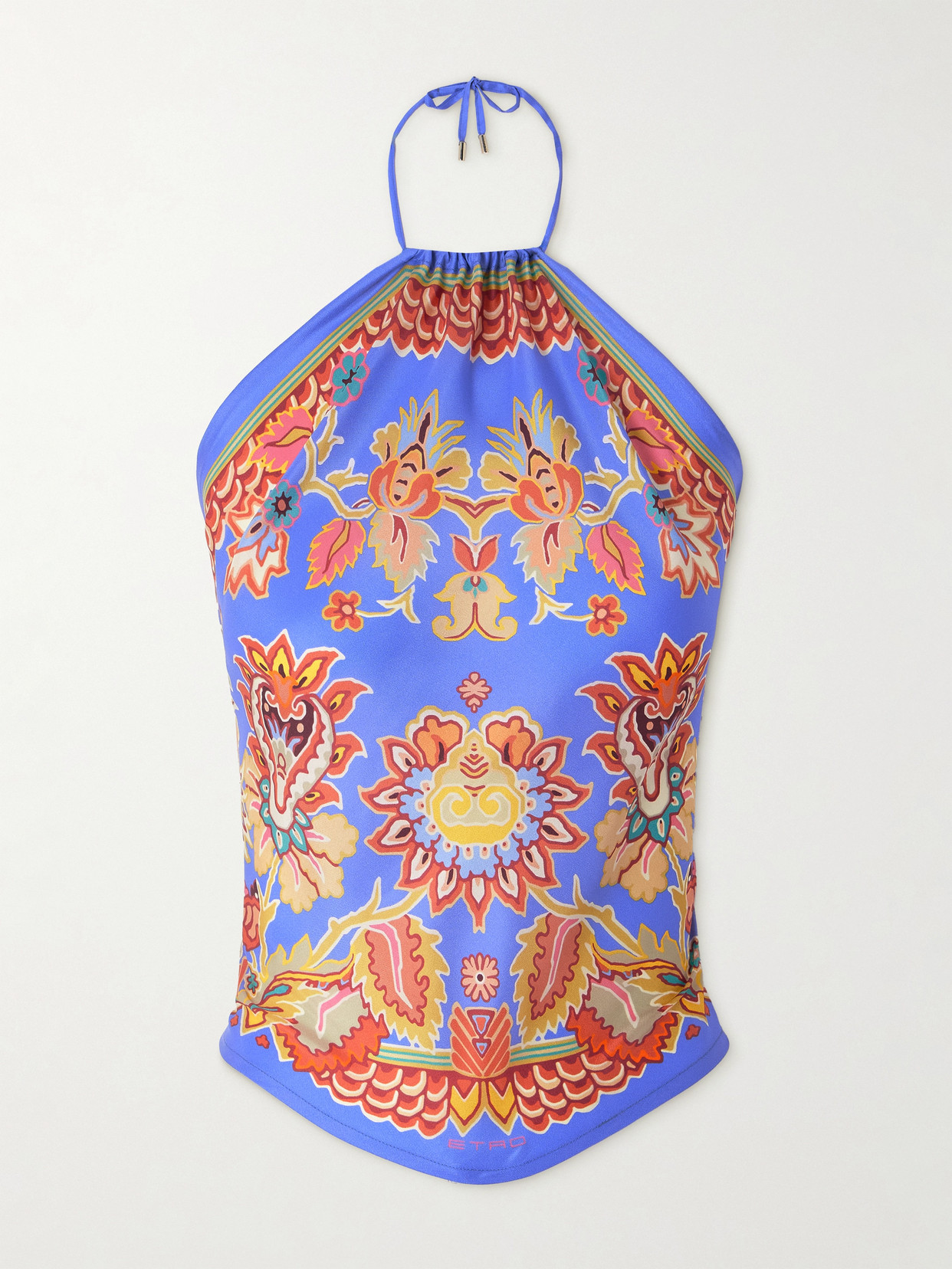 Etro Cropped Printed Silk-satin Top In Blue