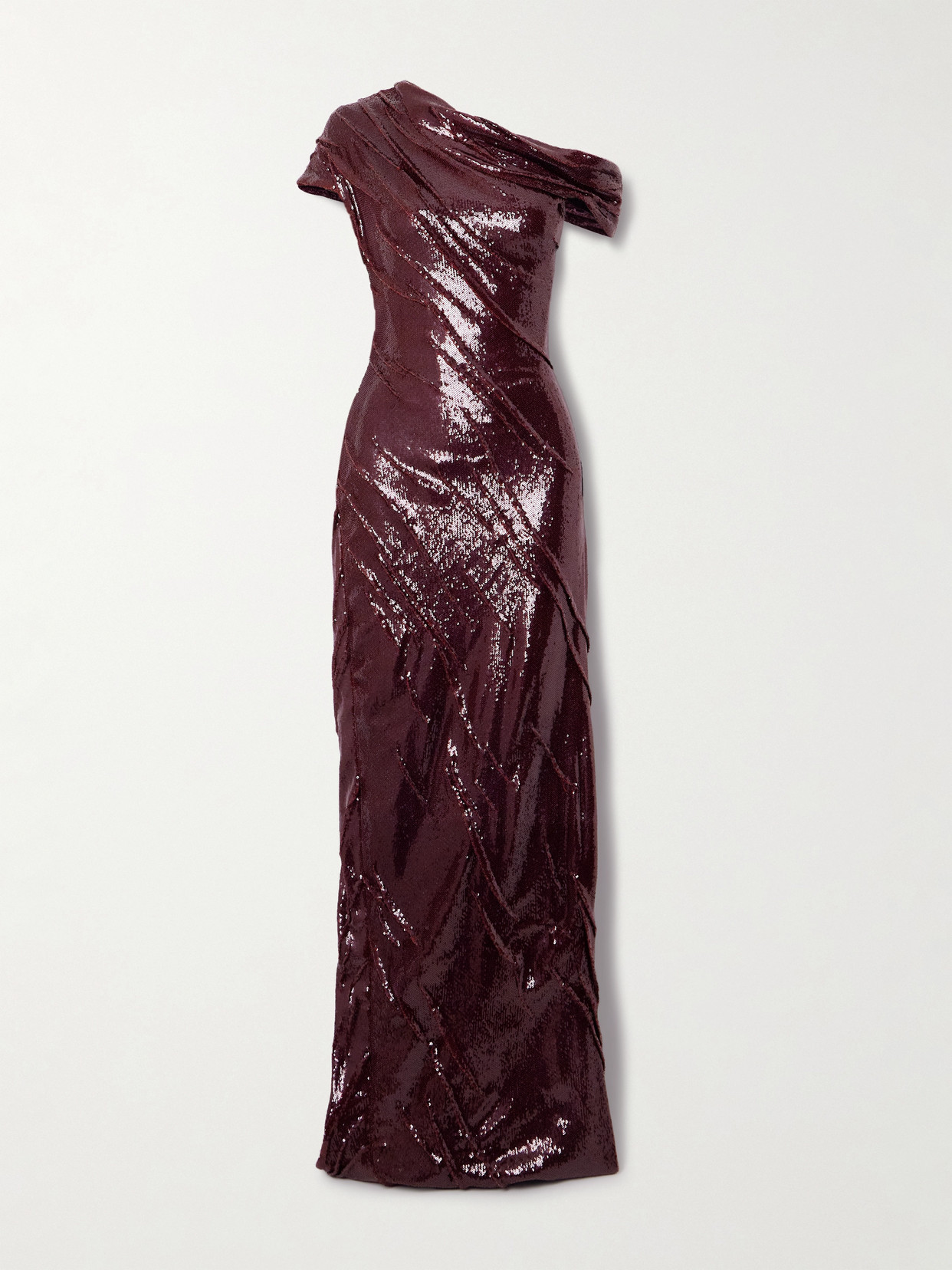 Marmar Halim One-shoulder Ruched Sequined Crepe Gown In Burgundy