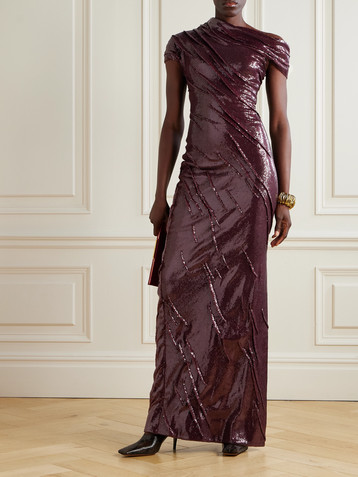 MARMAR HALIM One-shoulder ruched sequined crepe gown