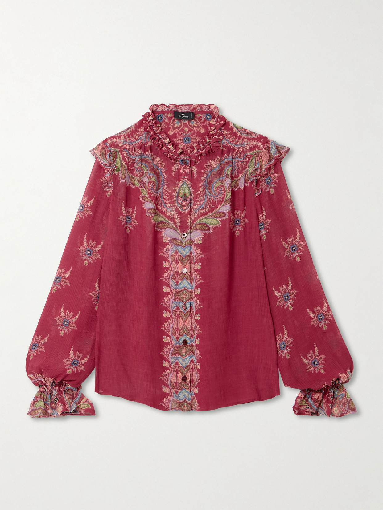 Etro Boho Ruffled Printed Chiffon Blouse In Red