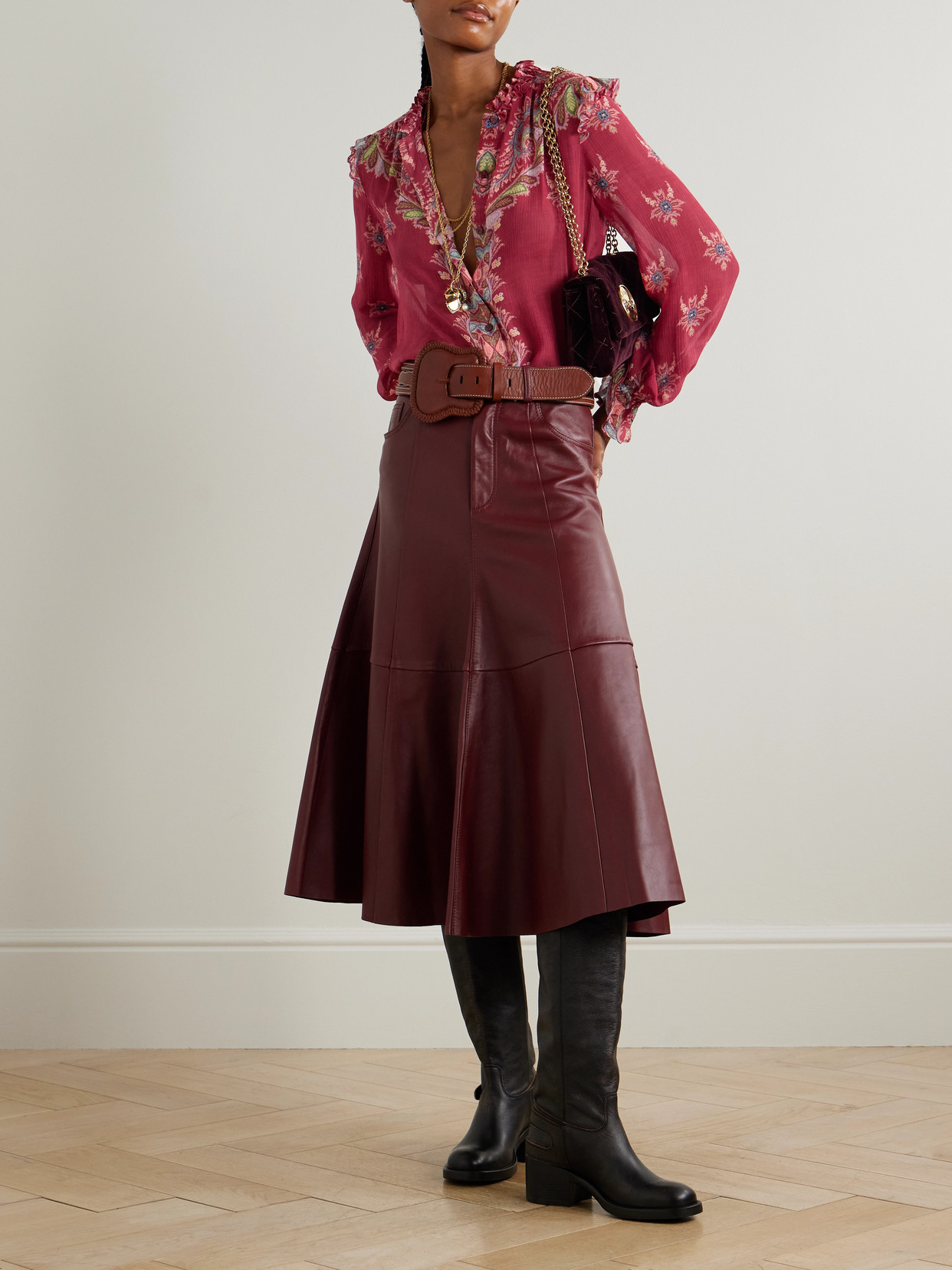Etro Boho Ruffled Printed Chiffon Blouse In Red