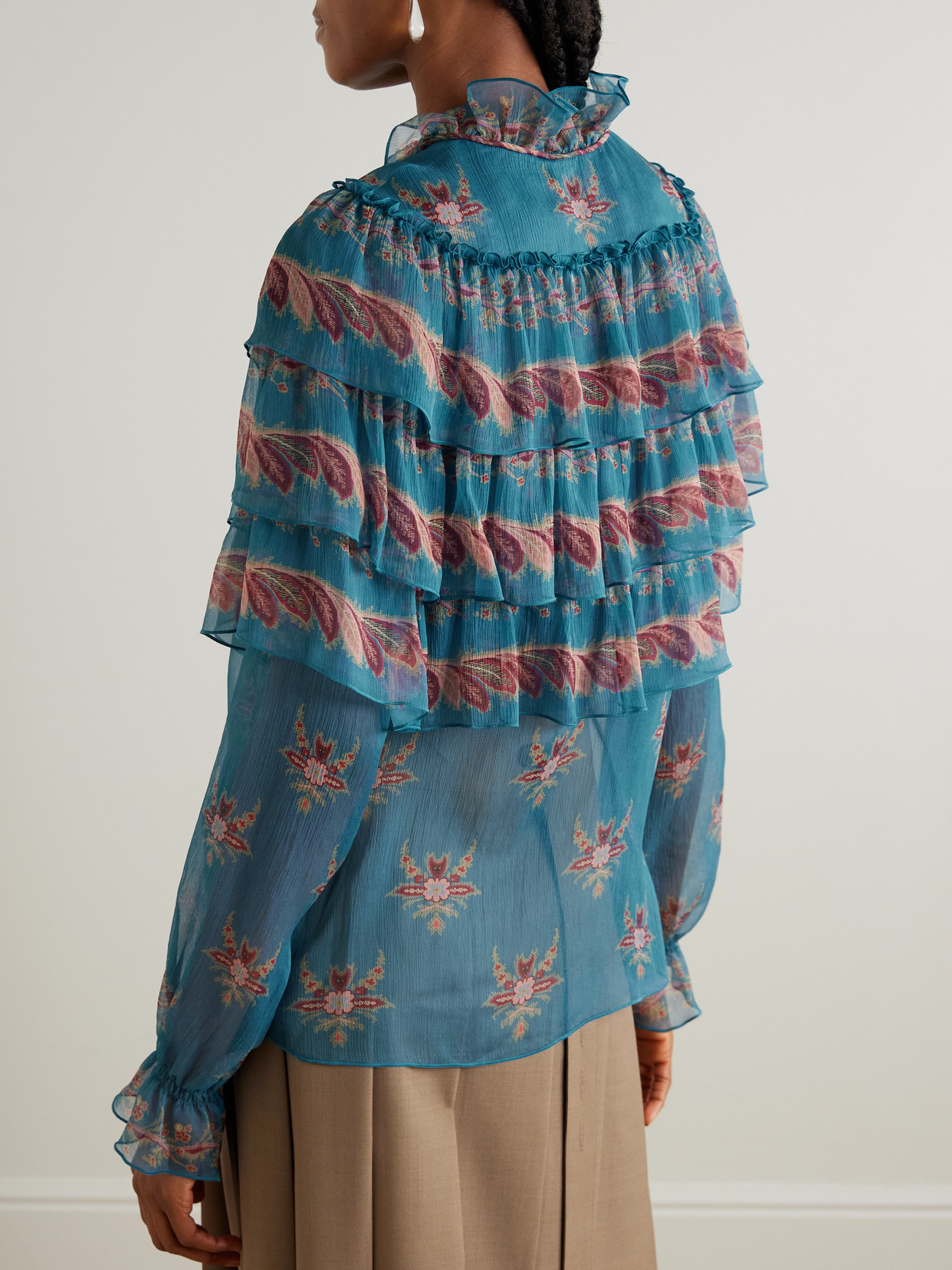 Etro Ruffled Tiered Printed Silk-chiffon Blouse In Blue
