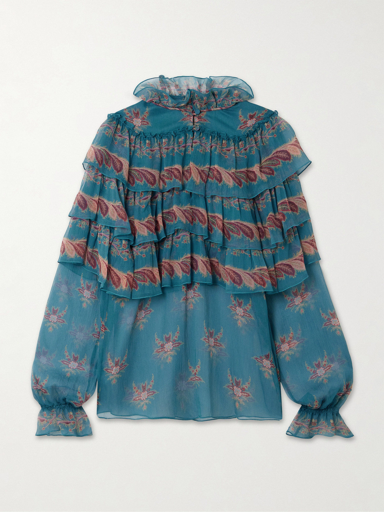 Etro Ruffled Tiered Printed Silk-chiffon Blouse In Blue