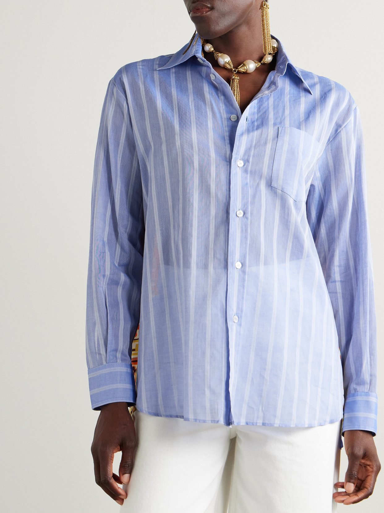 Etro Printed Silk And Striped Cotton-voile Shirt In Blue