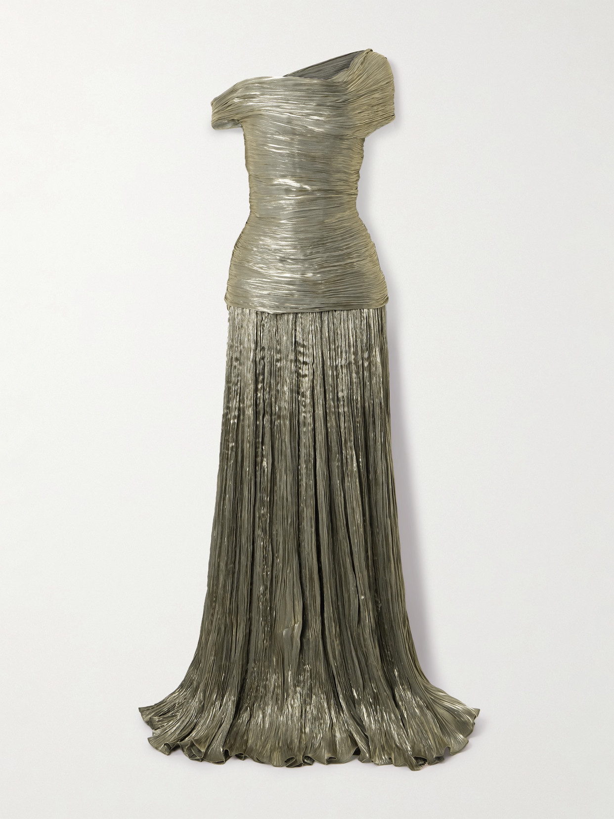 Marmar Halim Off-the-shoulder Ruched Metallic Plissé-chiffon Gown In Green