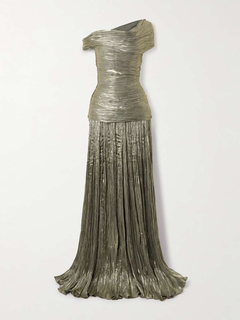 Marmar Halim Off-the-shoulder Ruched Metallic Plissé-chiffon Gown