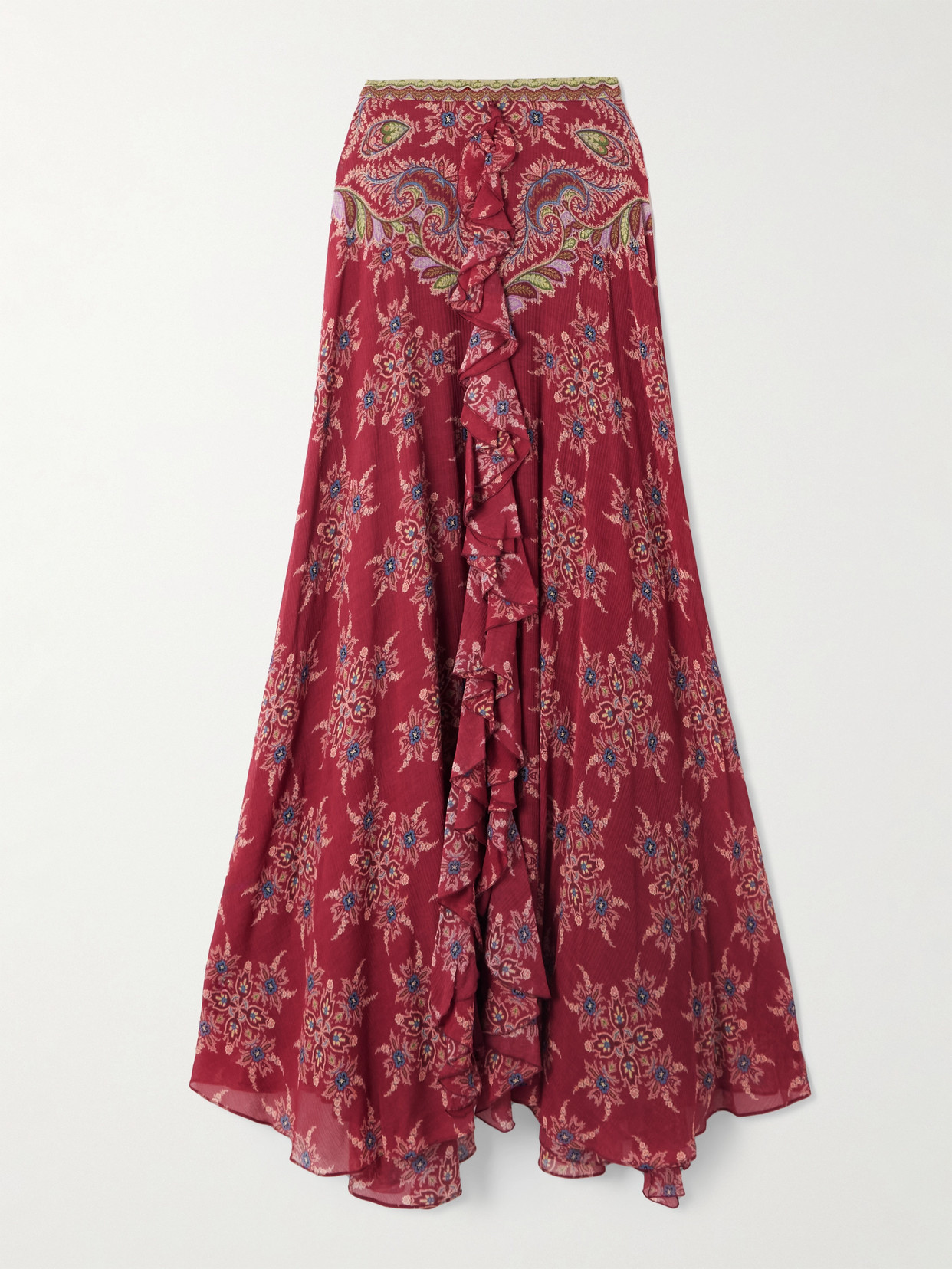 Etro Ruffled Paisley-print Crepon Maxi Skirt In Burgundy