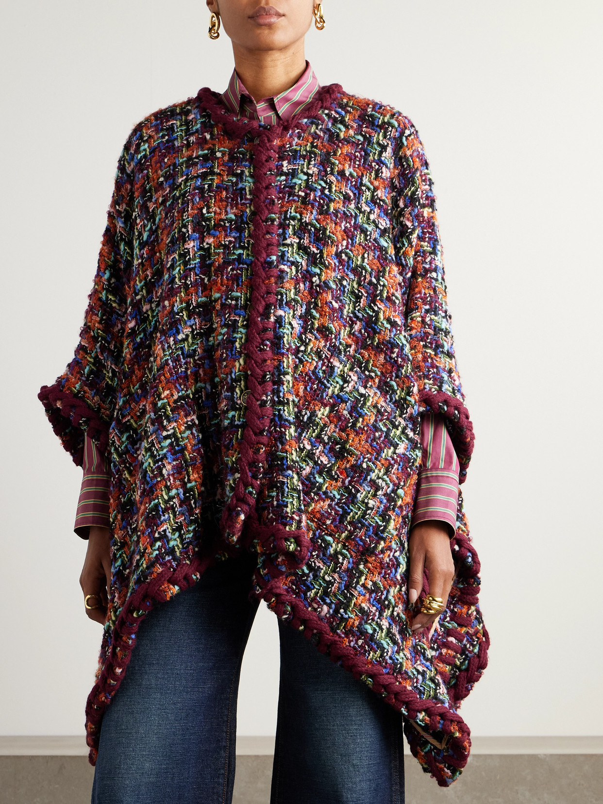 Etro Tweed Poncho In Burgundy