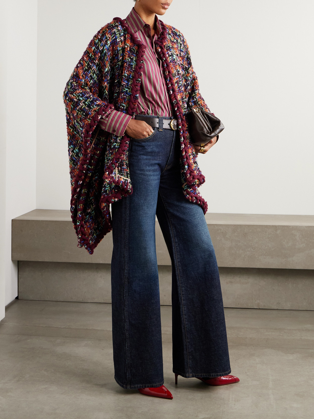 Etro Tweed Poncho In Burgundy