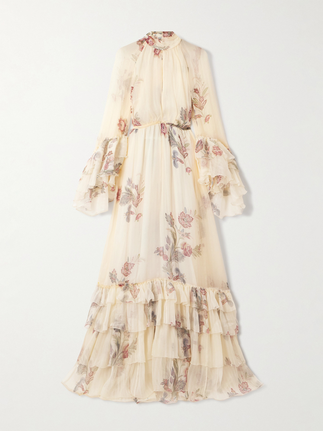 Etro Tiered Tie-neck Floral-print Silk-crepon Maxi Dress In Neutral