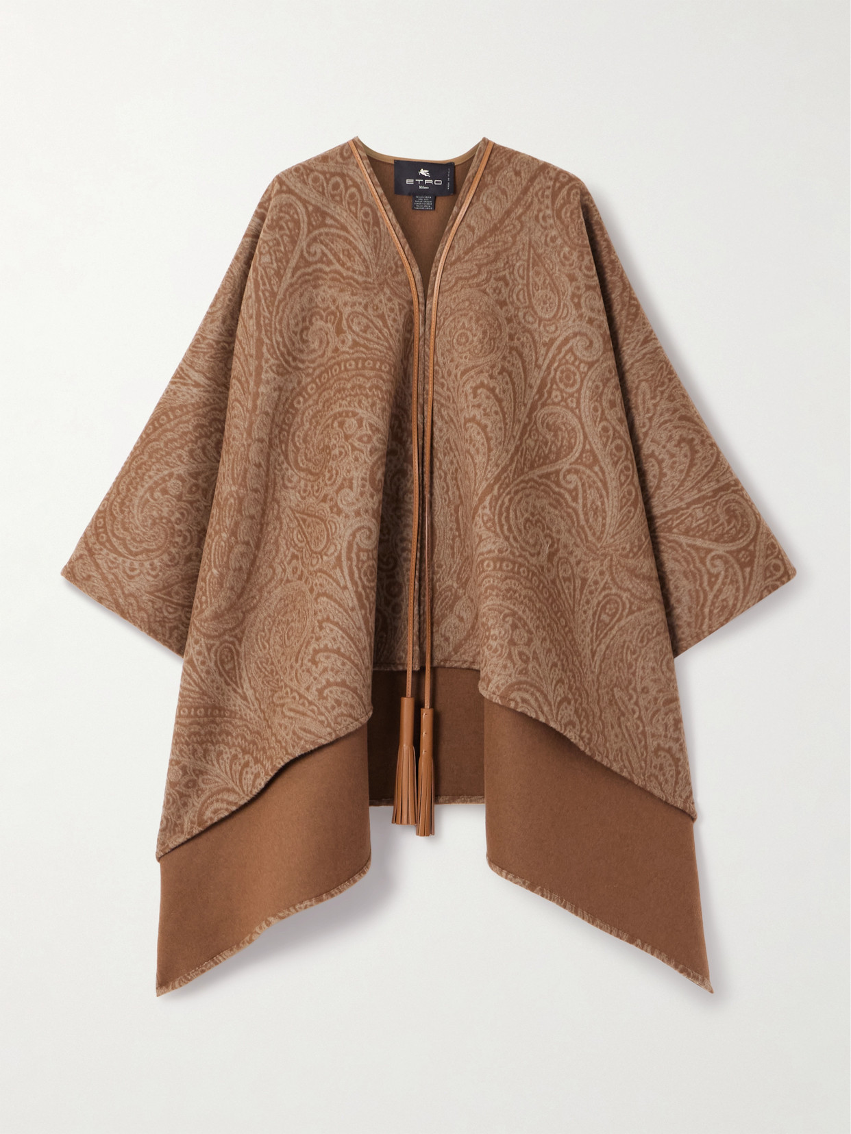Etro Leather-trimmed Paisley-print Wool-blend Poncho In Brown