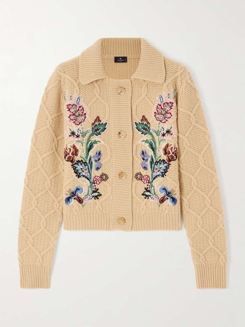 Etro Embroidered Cable-knit Wool And Cashmere-blend Cardigan