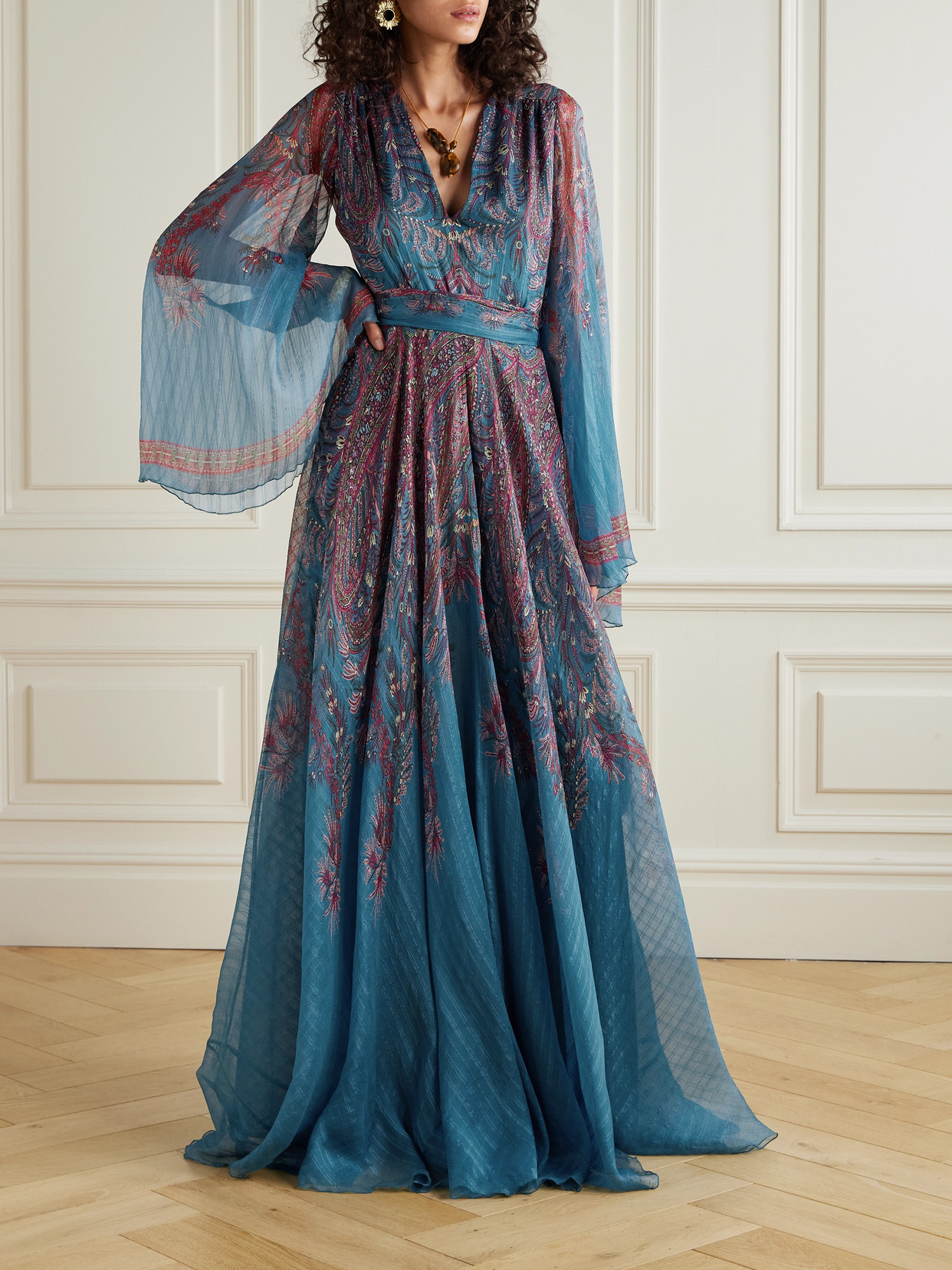 Etro Women Light Blue Paisley Print Pekin Crepon Long Dress