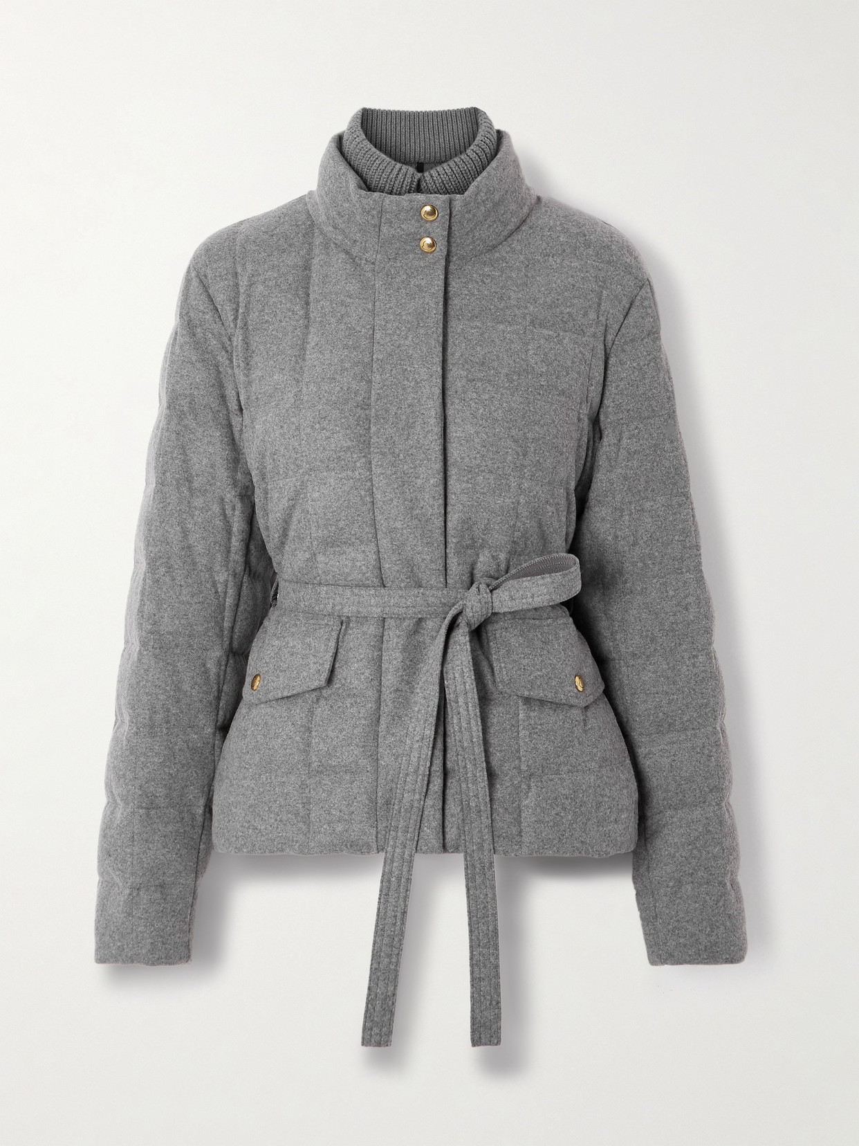 Moncler Bussettes Belted Quilted Padded Flannel Down Jacket In Gray