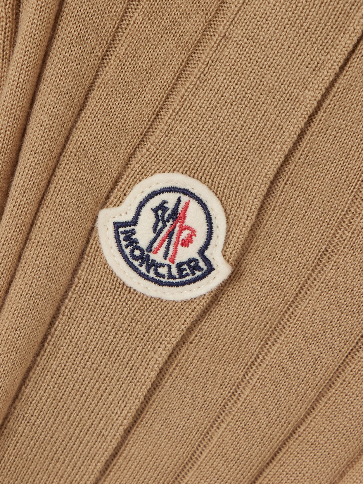 Moncler Button-detailed Appliquéd Ribbed Wool And Cashmere-blend Turtleneck Sweater In Brown