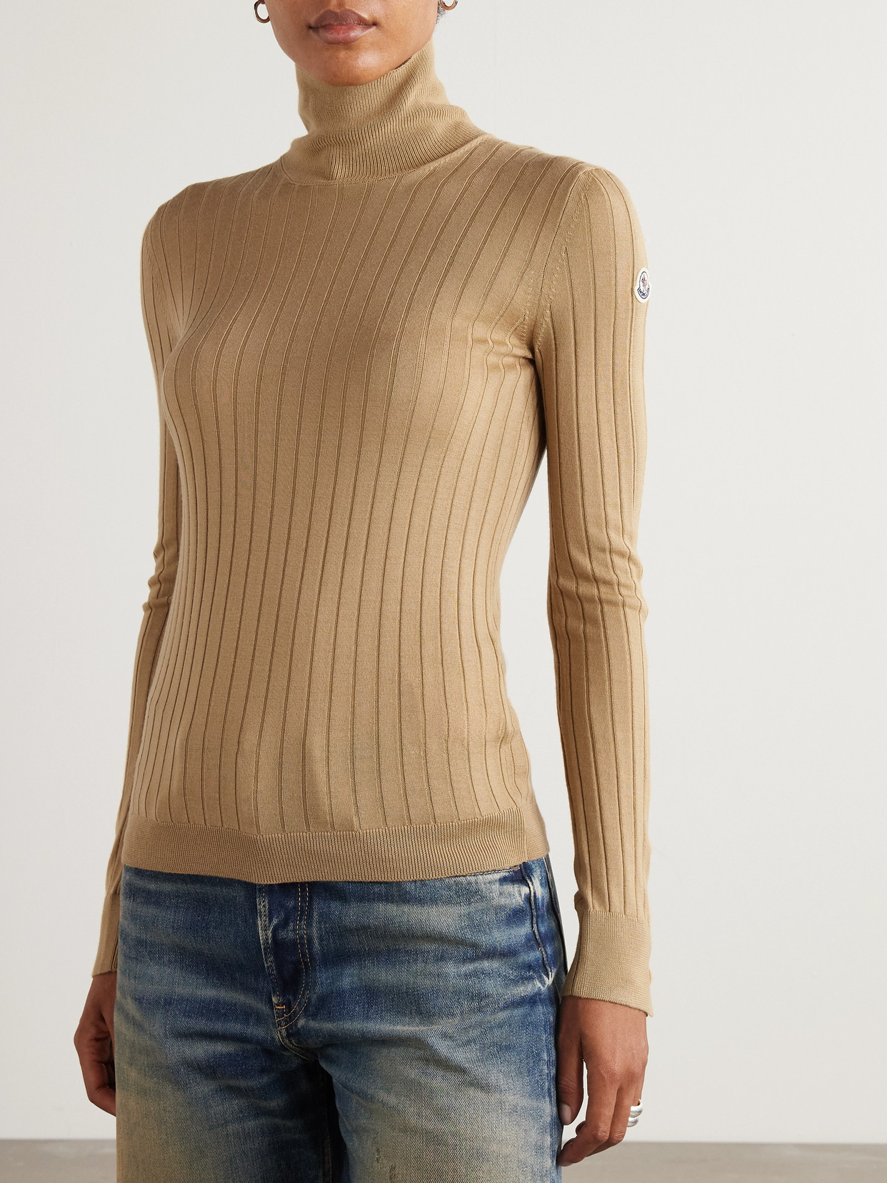 Moncler Button-detailed Appliquéd Ribbed Wool And Cashmere-blend Turtleneck Sweater In Brown