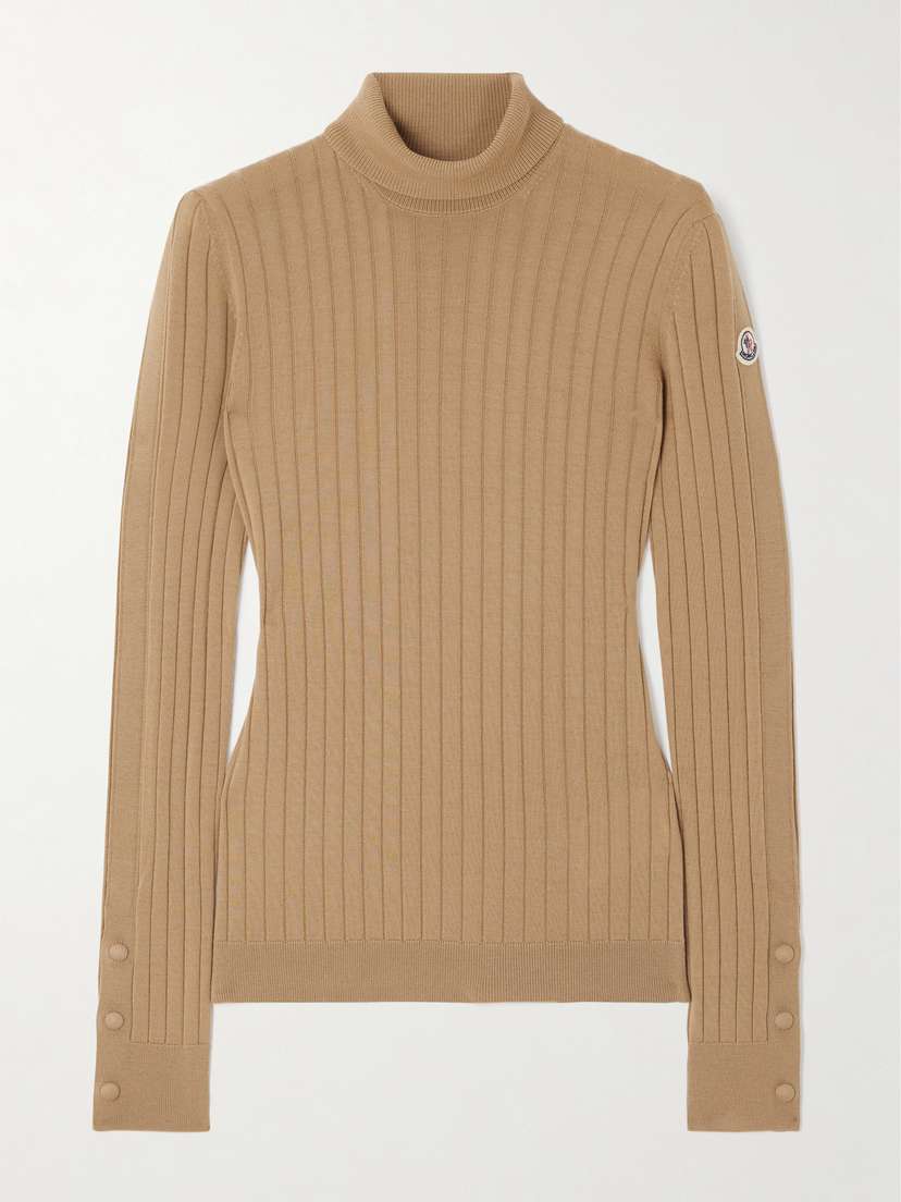 Moncler Button-detailed Appliquéd Ribbed Wool And Cashmere-blend Turtleneck Sweater