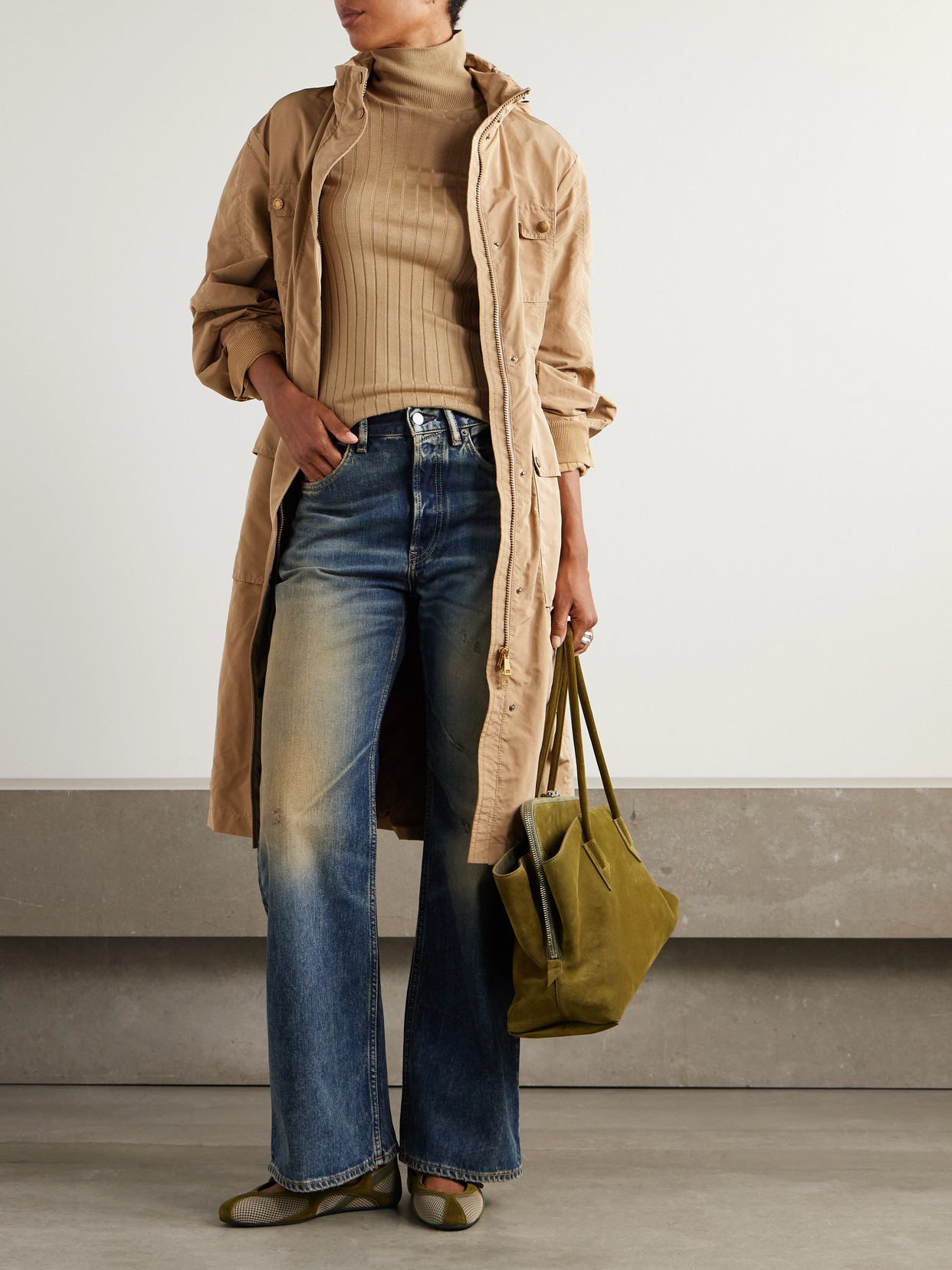 Moncler Button-detailed Appliquéd Ribbed Wool And Cashmere-blend Turtleneck Sweater In Brown