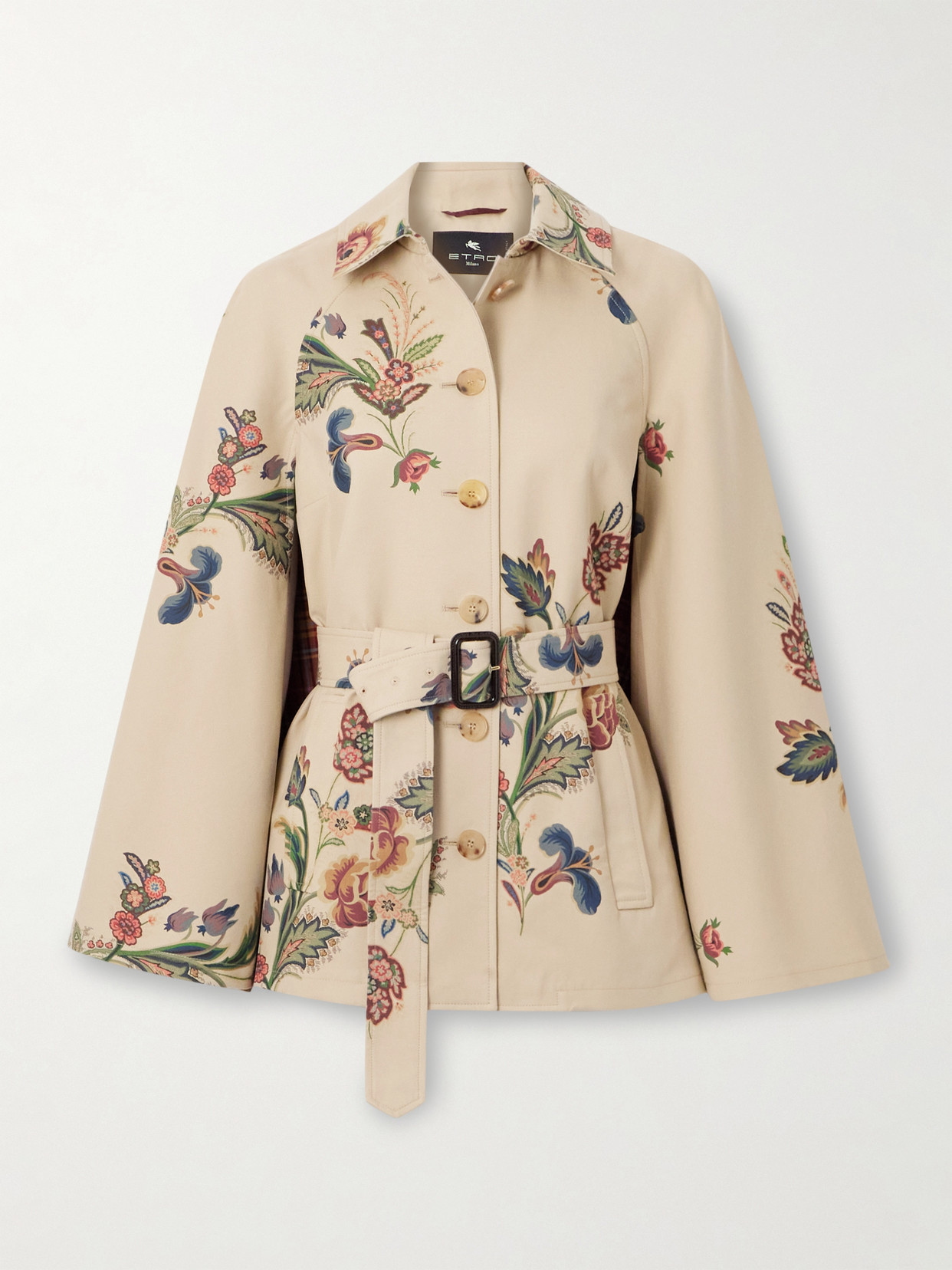 Etro Cape-effect Belted Printed Cotton-blend Twill Jacket In Neutral