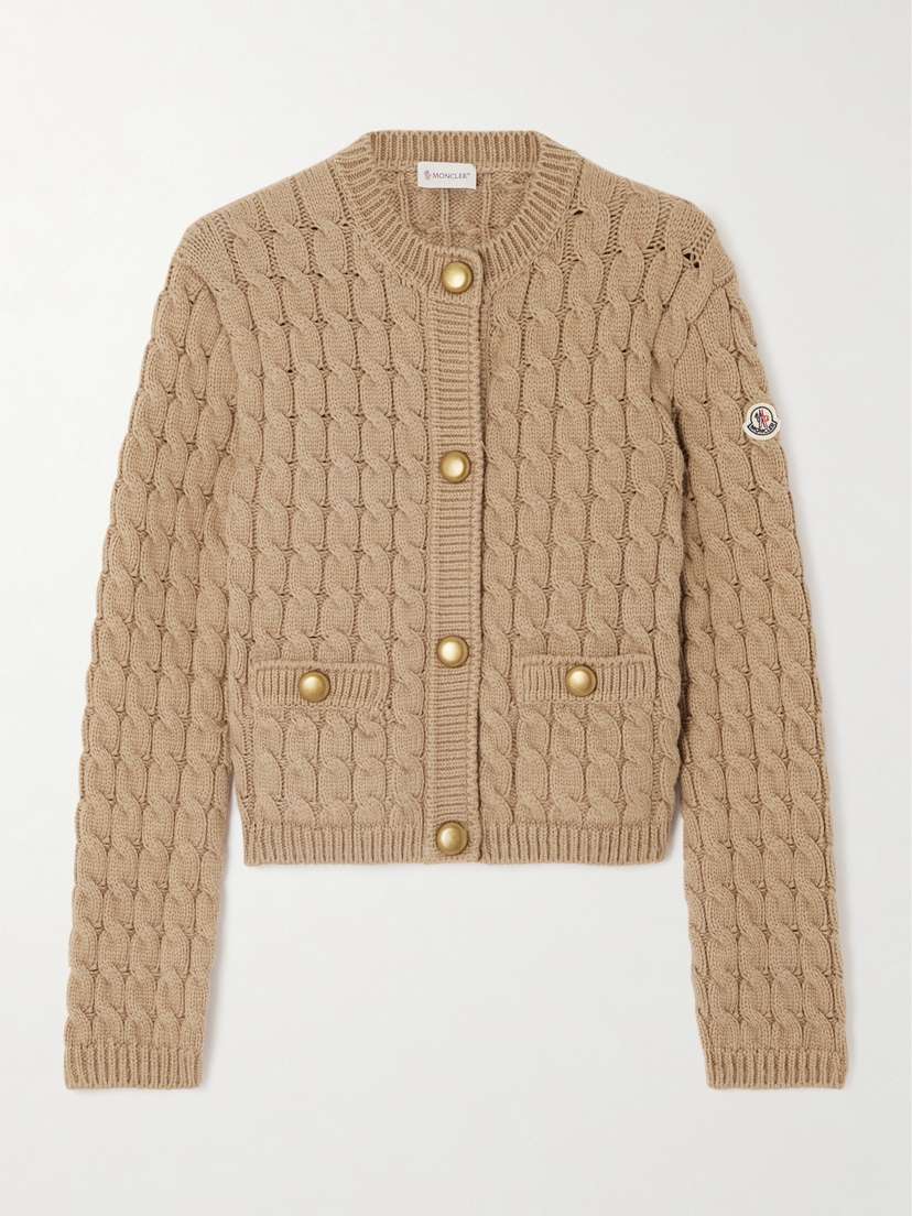 Moncler Appliquéd Cable-knit Cotton-blend Cardigan