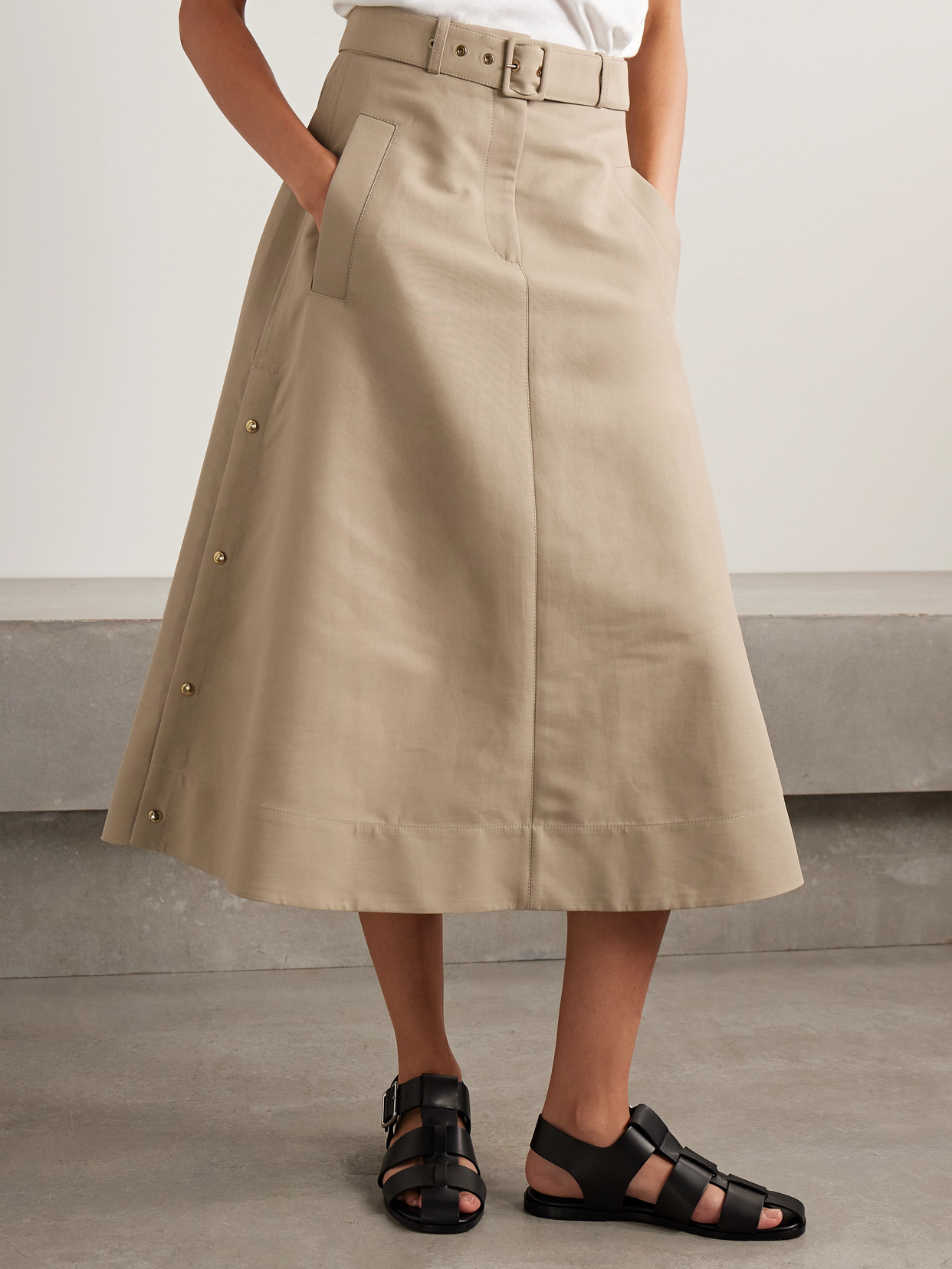 Moncler Belted Cotton-gabardine Midi Skirt In Brown