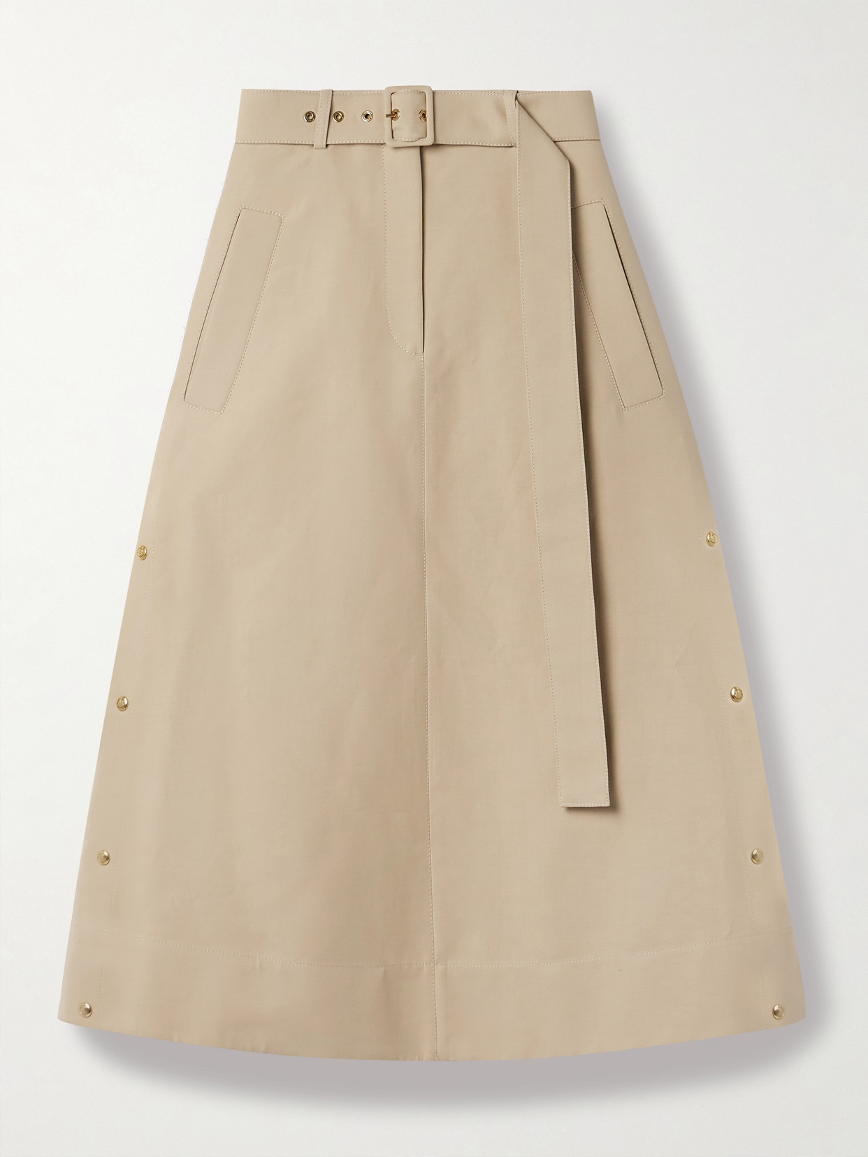Moncler Belted Cotton-gabardine Midi Skirt In Brown