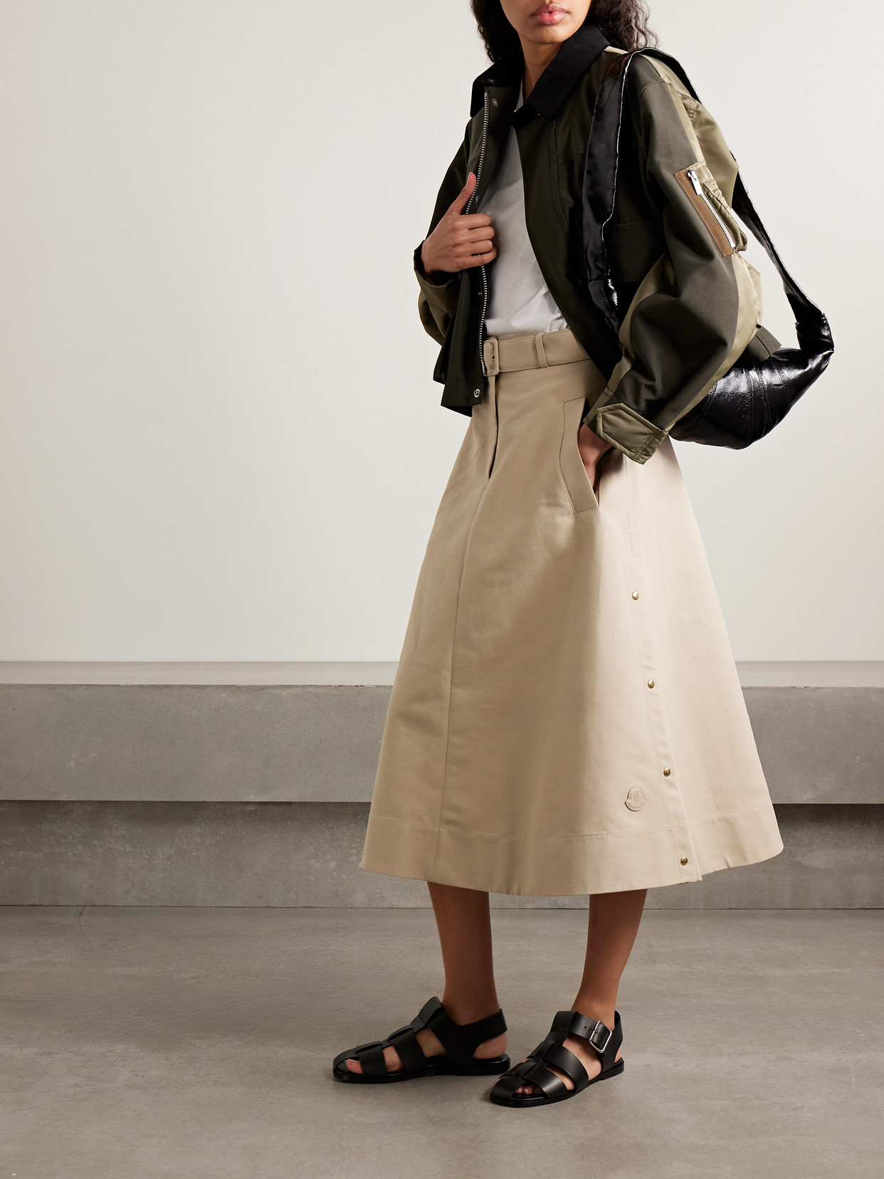 Moncler Belted Cotton-gabardine Midi Skirt In Brown