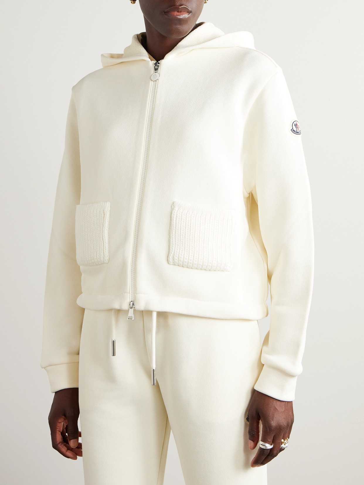 Moncler Ribbed Knit-trimmed Cotton-blend Jersey Hoodie In Neutral