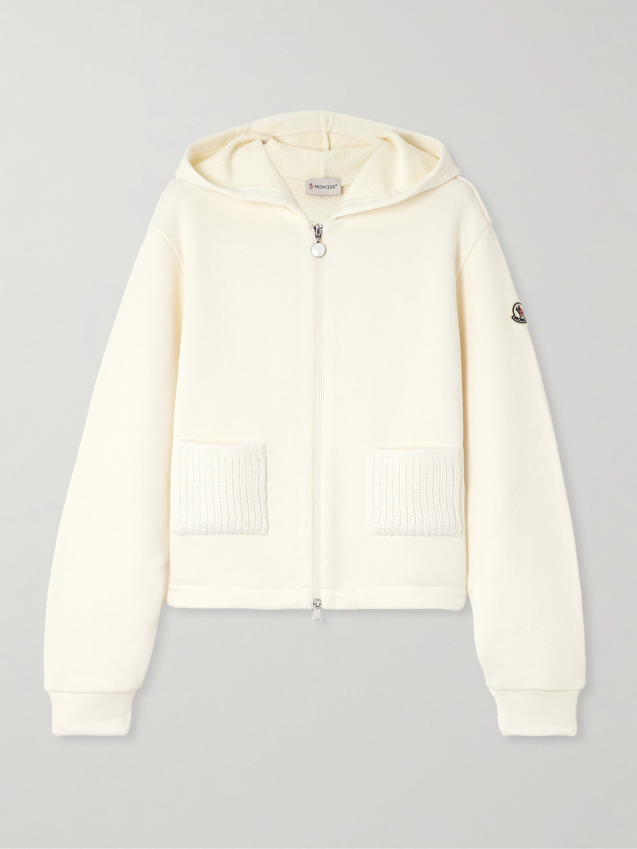 Moncler Ribbed Knit-trimmed Cotton-blend Jersey Hoodie In Neutral