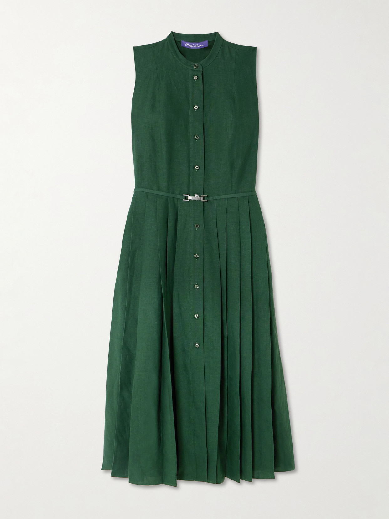 Ralph Lauren Kennedi Belted Pleated Linen Midi Dress In Green