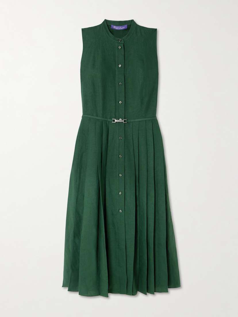 Ralph Lauren Collection Kennedi Belted Pleated Linen Midi Dress