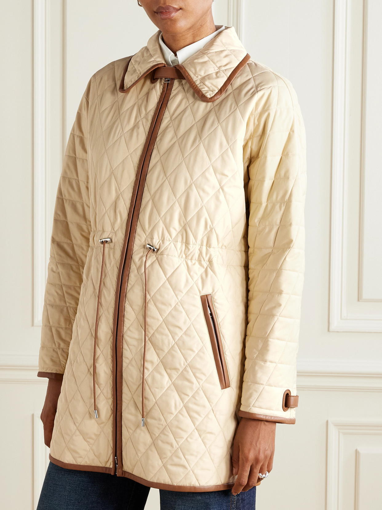 Ralph Lauren Saundra Leather-trimmed Padded Shell Jacket In Brown