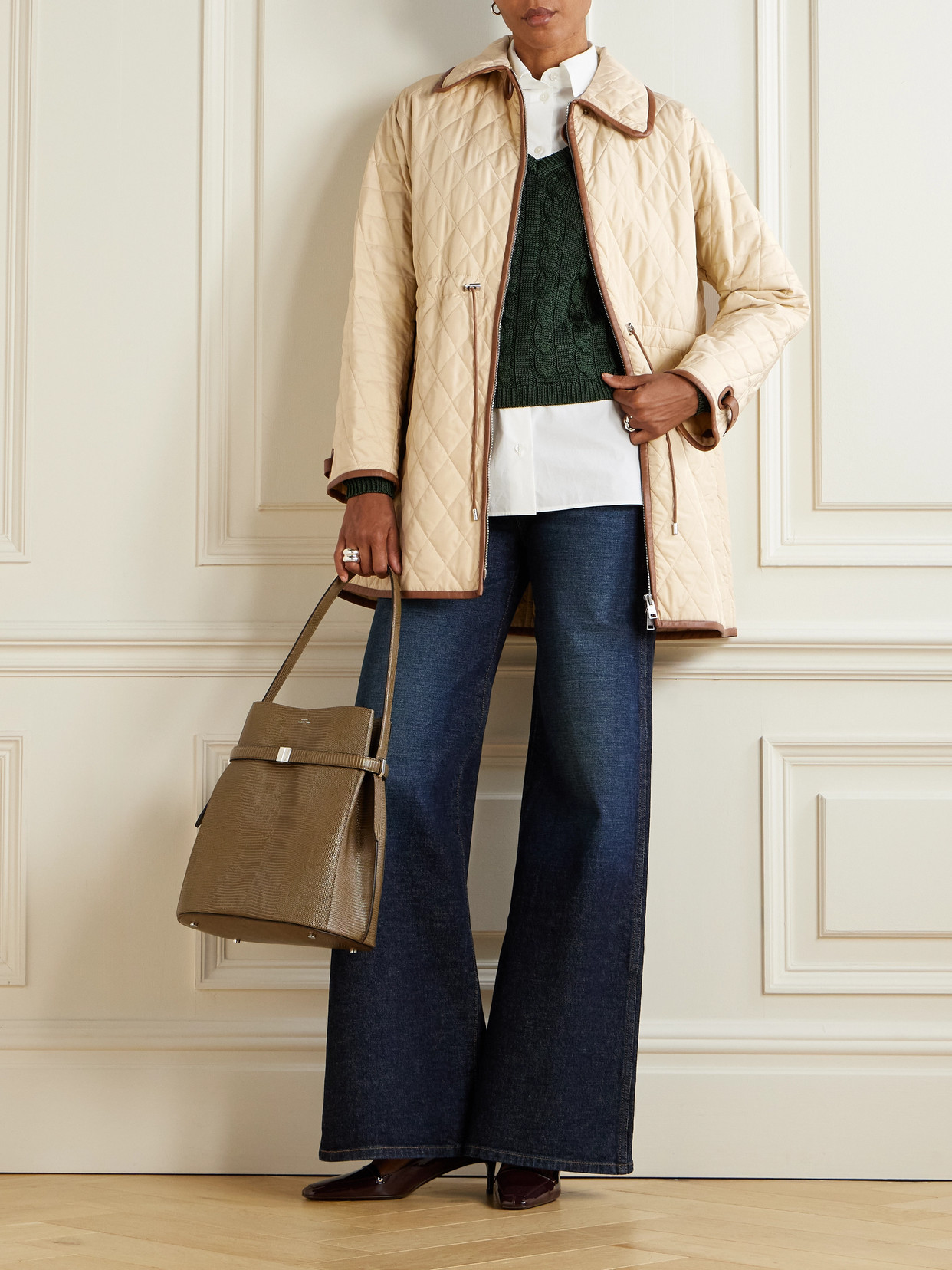 Ralph Lauren Saundra Leather-trimmed Padded Shell Jacket In Brown