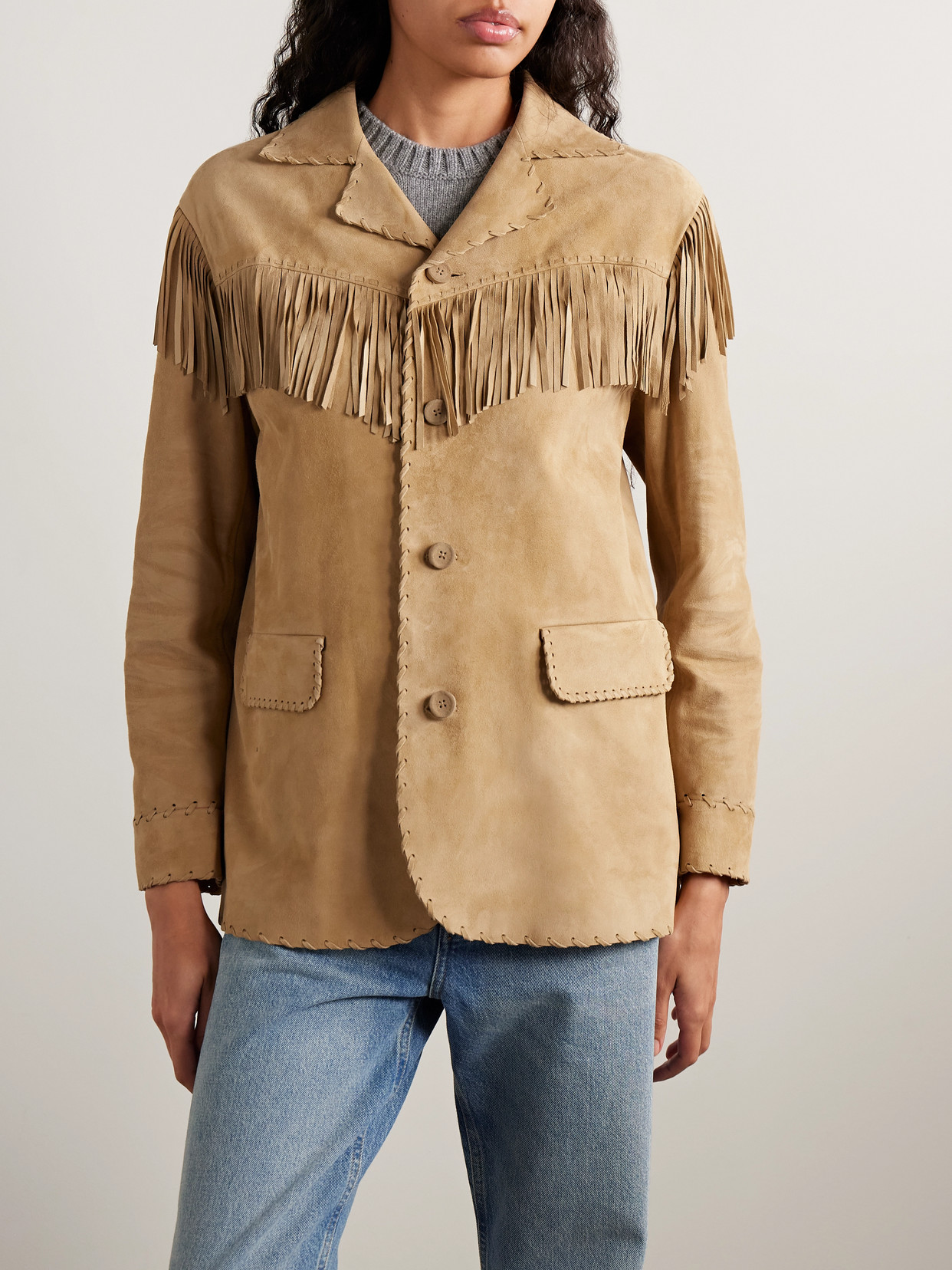 Ralph Lauren Ryland Fringed Suede Jacket In Brown