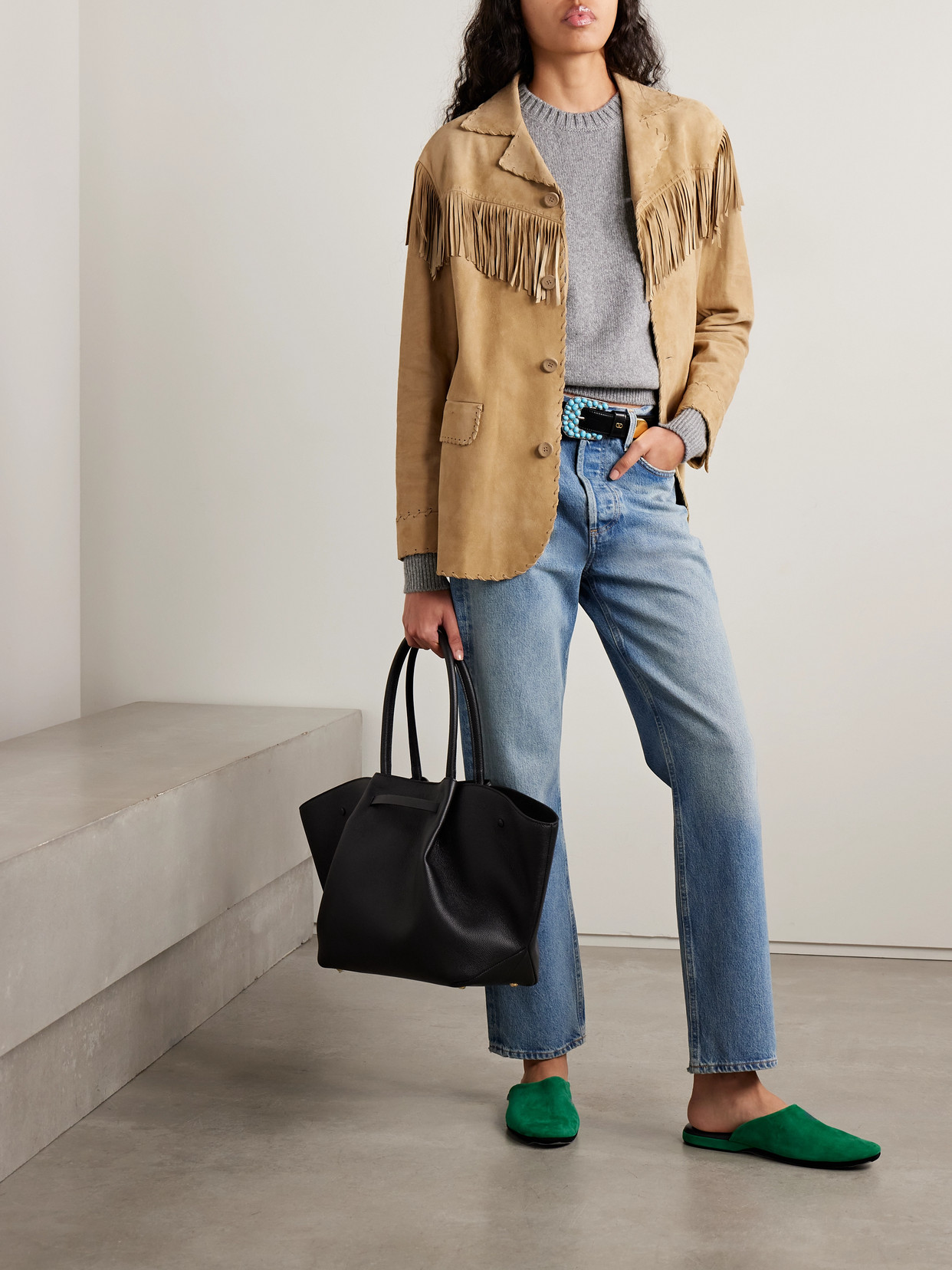 Ralph Lauren Ryland Fringed Suede Jacket In Brown