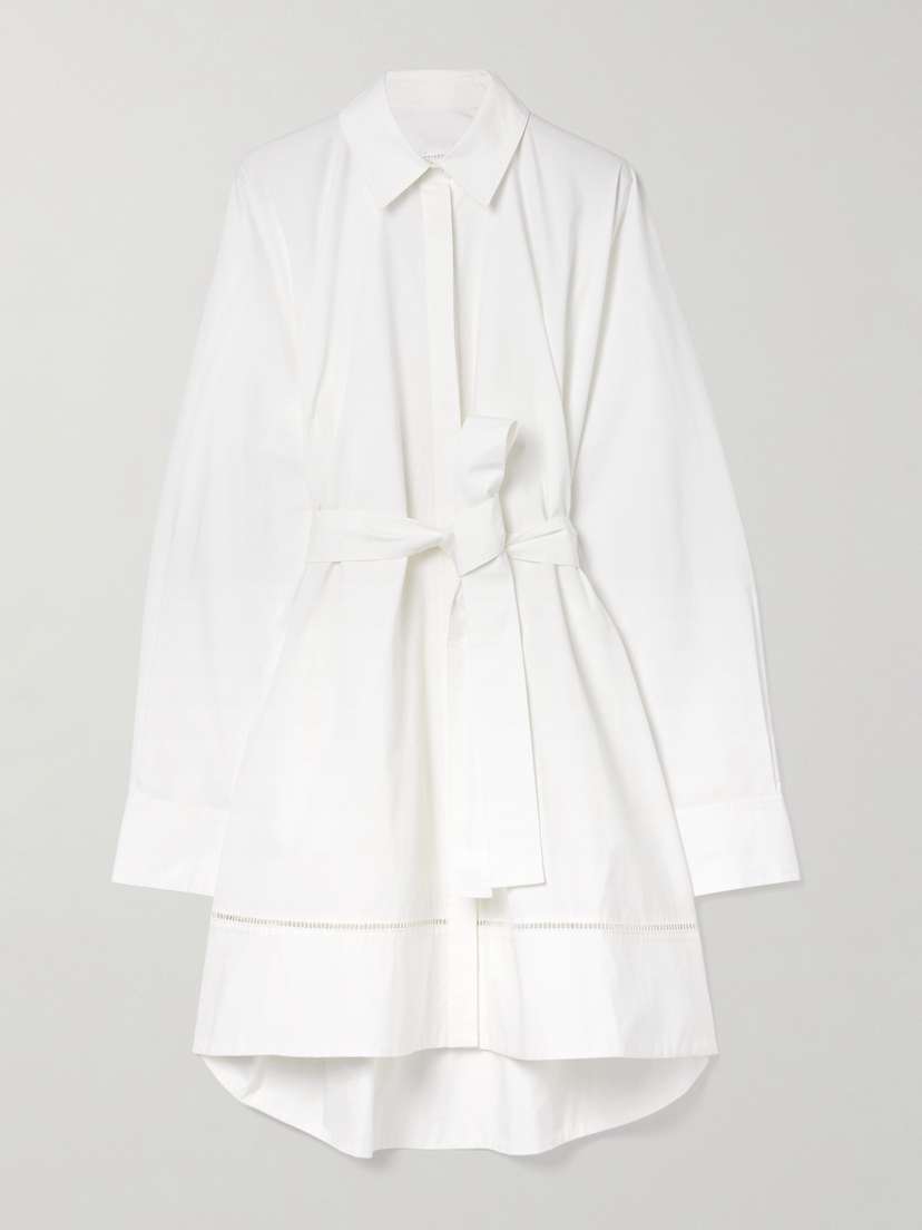 Proenza Schouler Sammy Belted Crochet-trimmed Cotton-blend Poplin Mini Shirt Dress