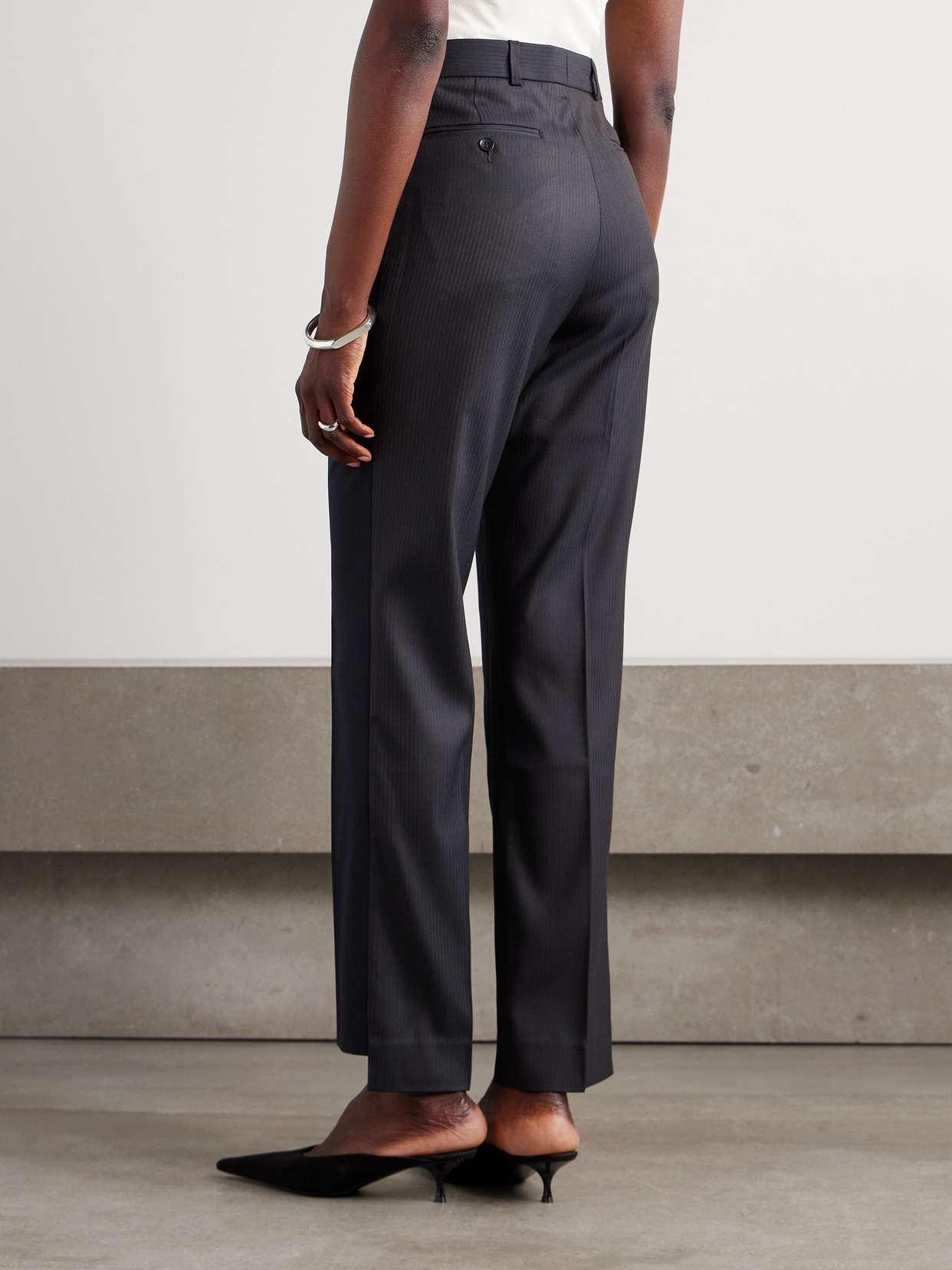 Bettter Asymmetric Pleated Two-tone Wool-blend Straight-leg Pants In Blue