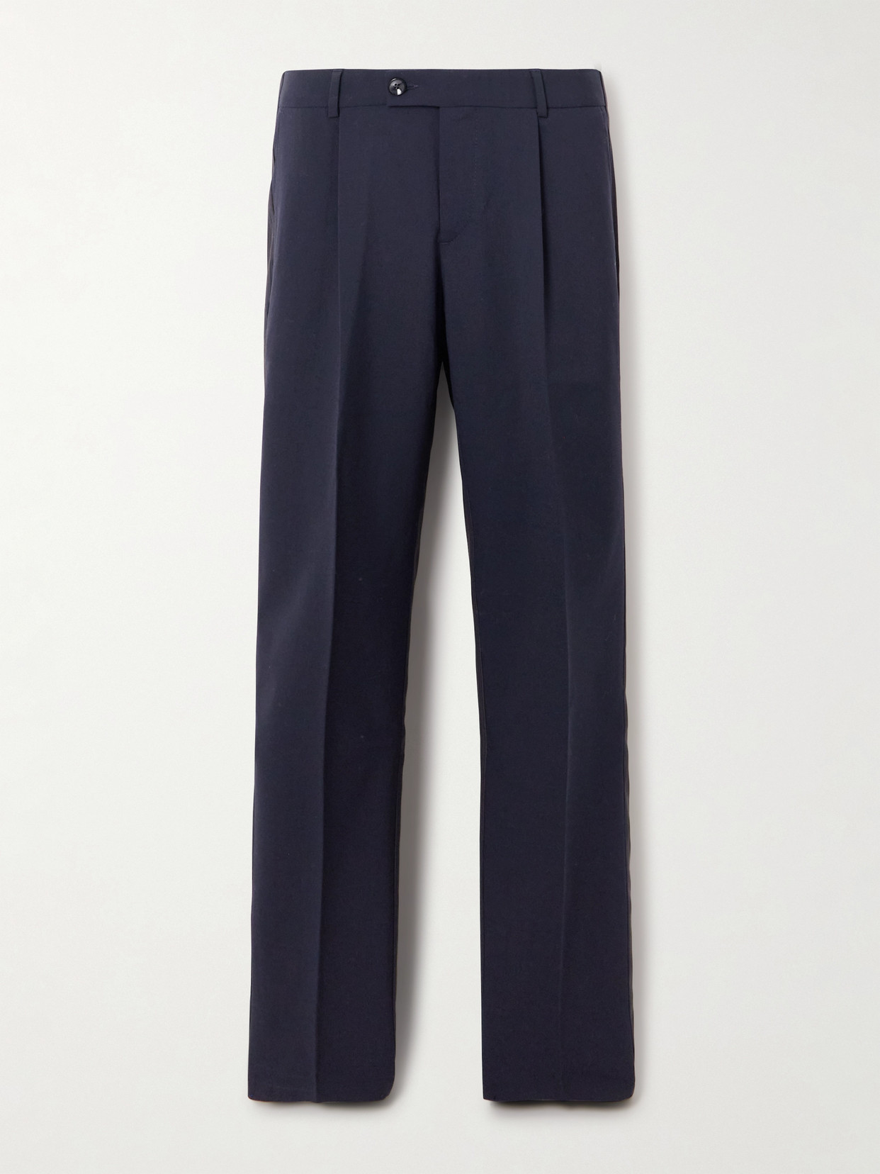 Bettter Asymmetric Pleated Two-tone Wool-blend Straight-leg Pants In Blue