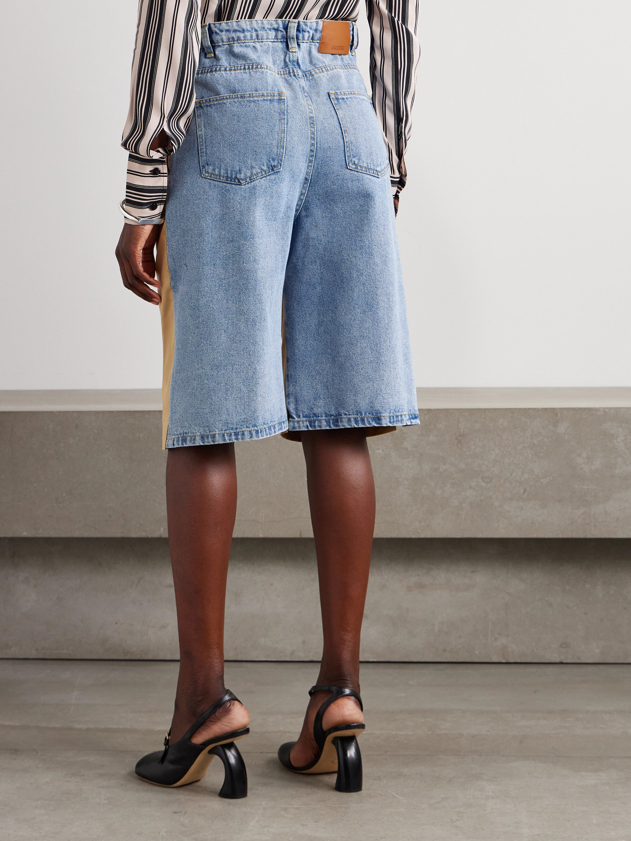 Bettter Denibermuda Pleated Cotton-gabardine And Denim Shorts In Gold