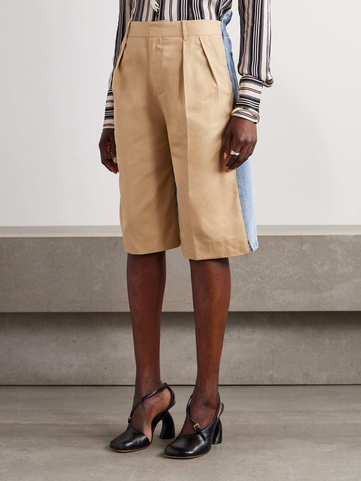 Bettter Denibermuda Pleated Cotton-gabardine And Denim Shorts In Gold