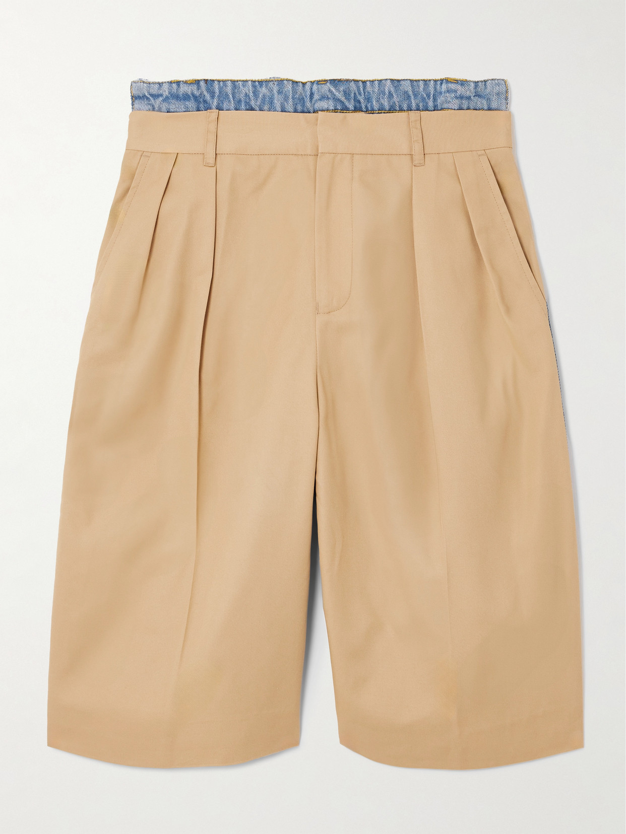 Bettter Denibermuda Pleated Cotton-gabardine And Denim Shorts In Brown