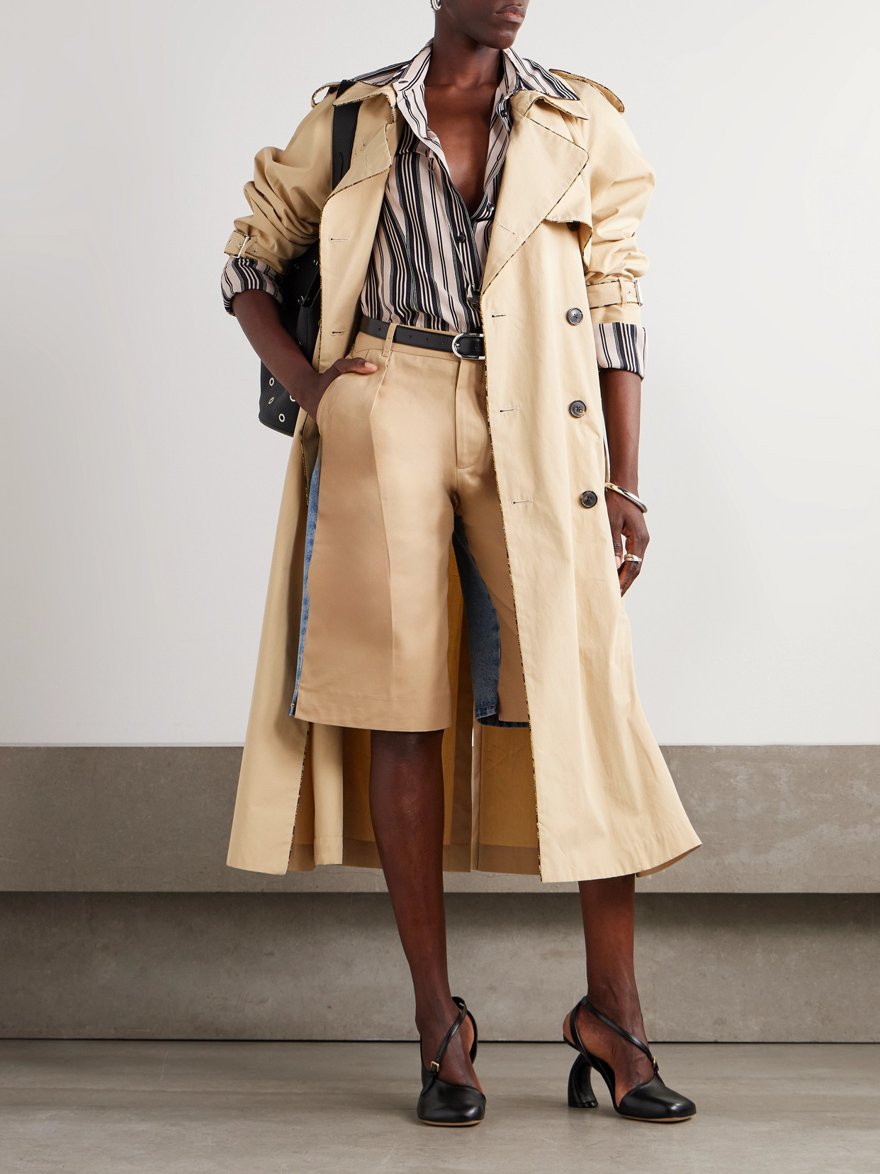 Bettter Denibermuda Pleated Cotton-gabardine And Denim Shorts In Gold